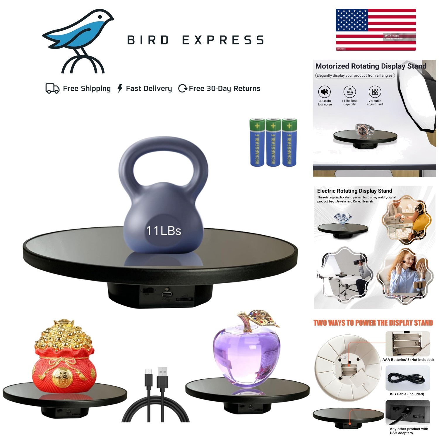 Motorized 10in Electric Rotating Display Stand Holds 11lbs Jewelry Photography