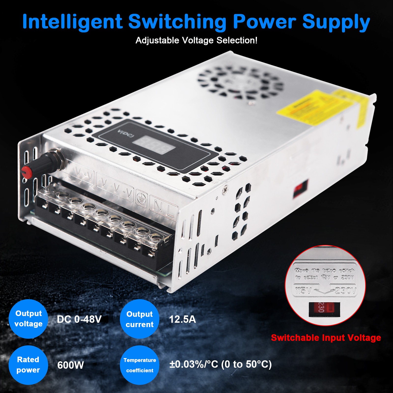 LED Display 120V AC to 0-48V 12.5A 600W DC Converter Switching Power Supply
