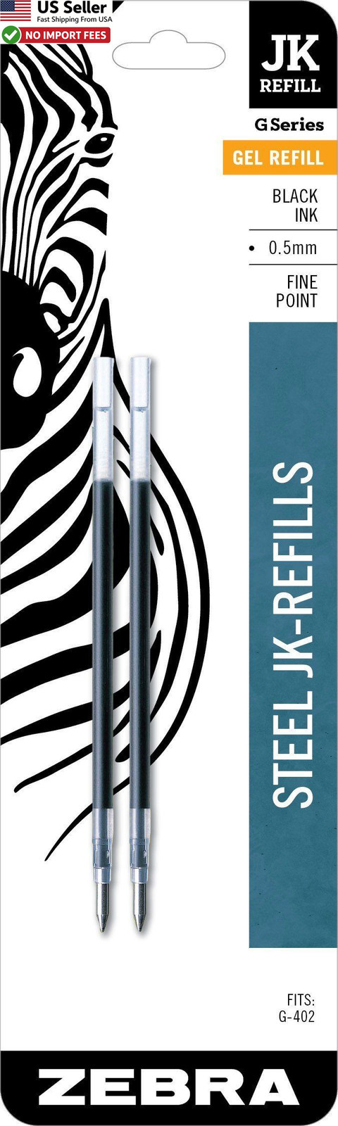 Zebra Pen JK-Refill 0.5mm Fine Black Gel Ink Refills G-402 STEEL 2-Pack 88012