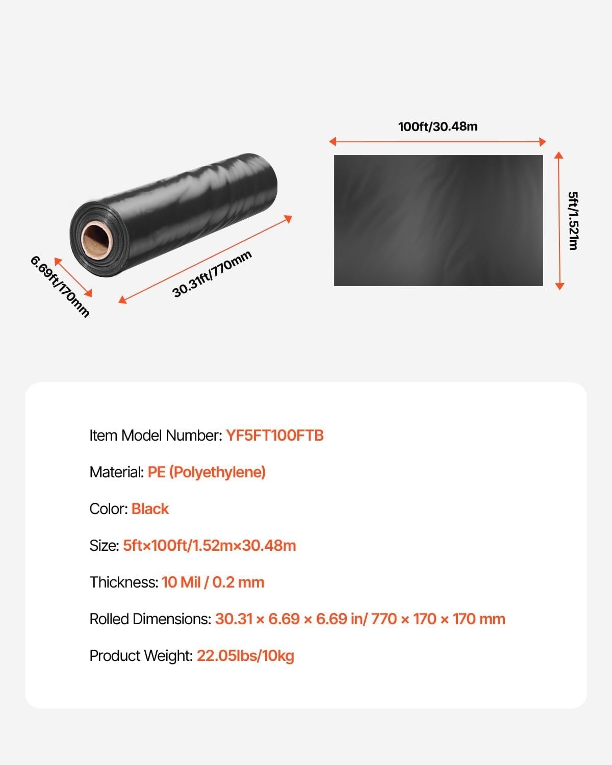 10 Mil Heavy-Duty Plastic Drop Cloth Tarp – 5′ x 100′ Black Vapor Barrier