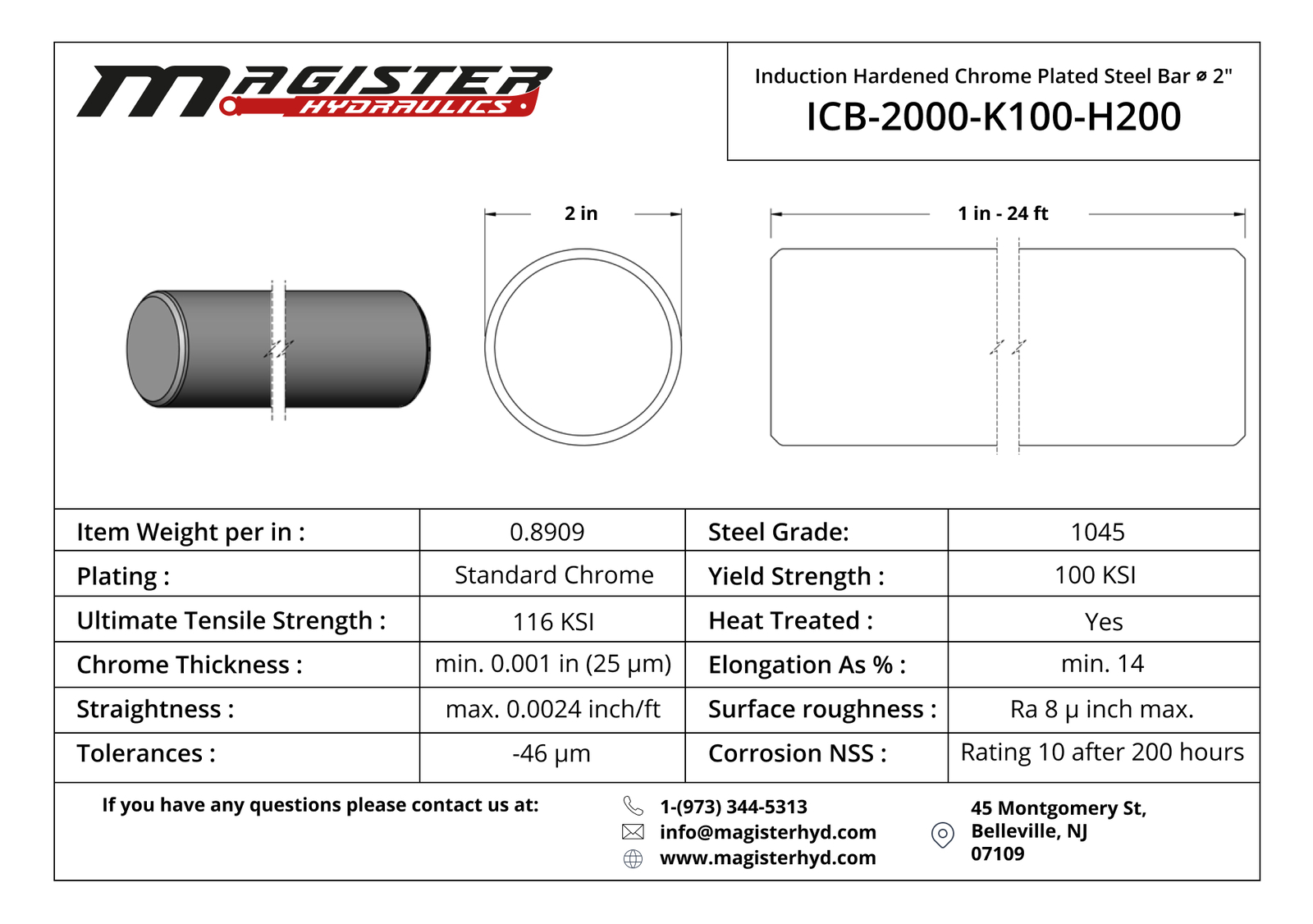 Induction Hardened Chrome Plated Steel Rod – 2″ Dia x 36″ length, 1045 steel bar