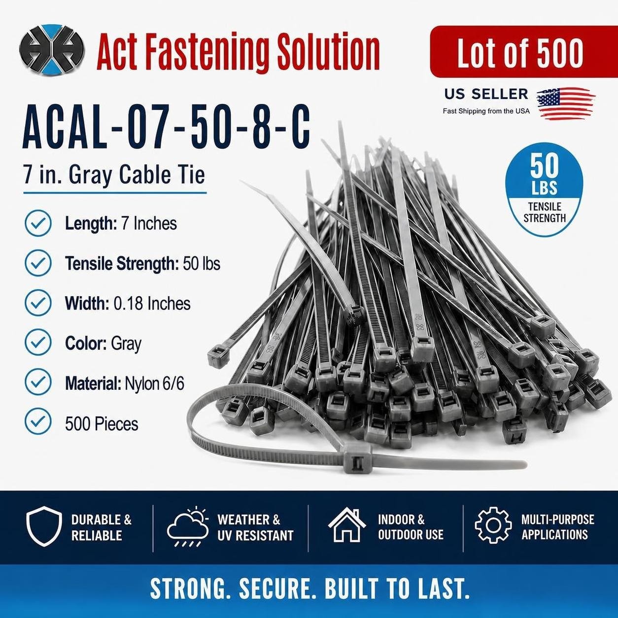500 Act Gray High-Quality UV Nylon ACAL-07-50-8-C – 7 in 50 lbs Cable Ties