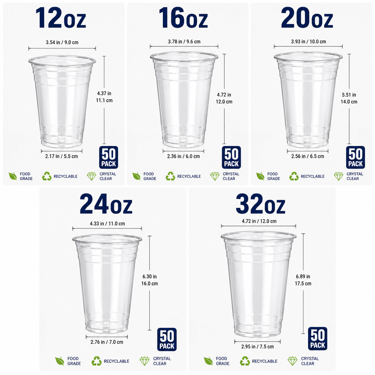 [12oz-32oz] 50 Pack Clear Disposable Plastic Cups with Lids and Straws