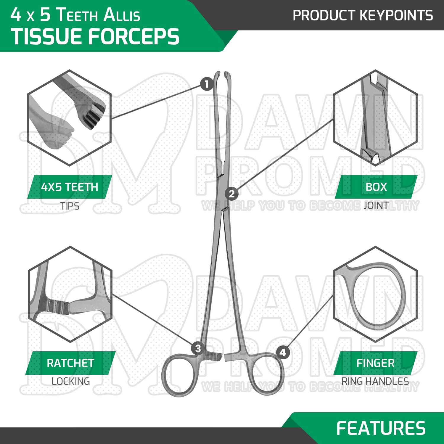 Allis Tissue Forceps 10″ 4 X 5 Teeth Surgical Clamp OB/GYN Instruments German Gr