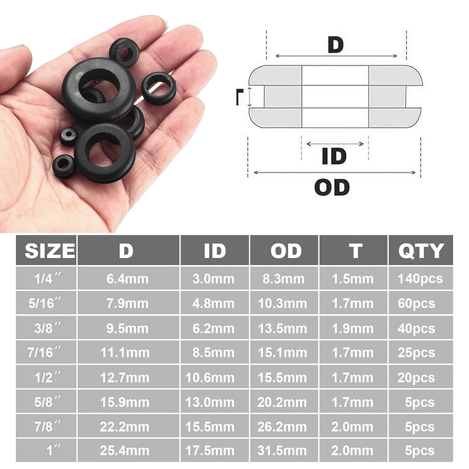 300Pcs Rubber Grommets Kit 8 Sizes 1/4 to 1 Inch