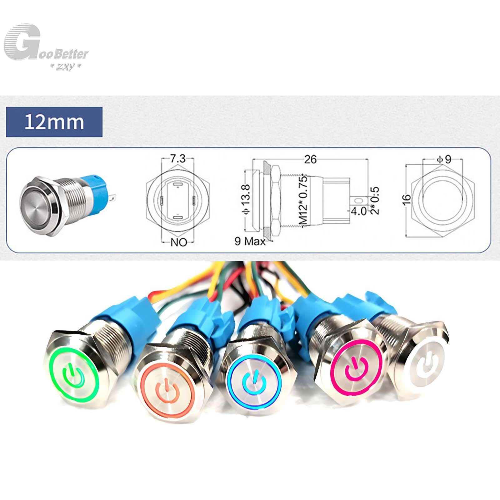 12mm LED ON OFF Waterproof Stainless Steel Momentary Push Button Power Switch