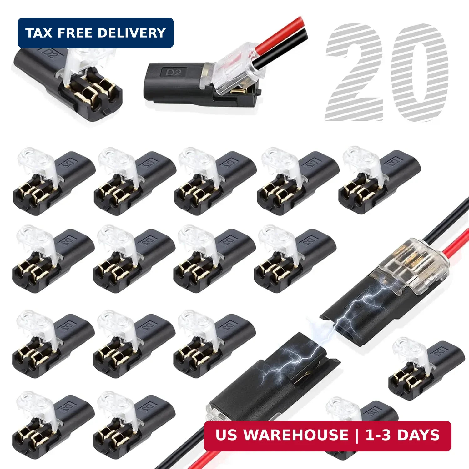 20Pcs Double Wire Plug in Connector, LED Light Strip Low Voltage Connectors 2 Pi