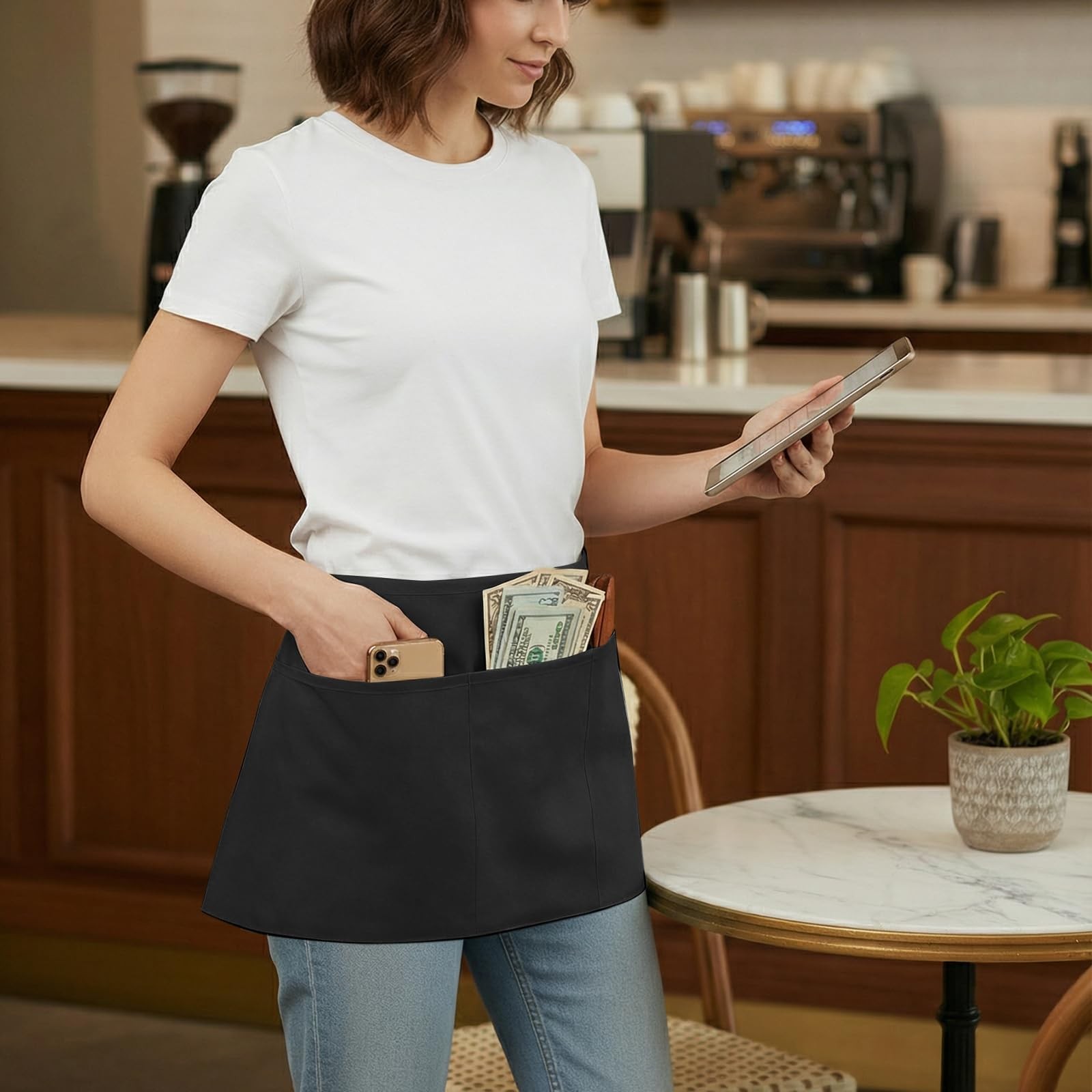 BOHARERS Waist Apron with 3 Pockets – Black Waitress One Size, B-2 Pack