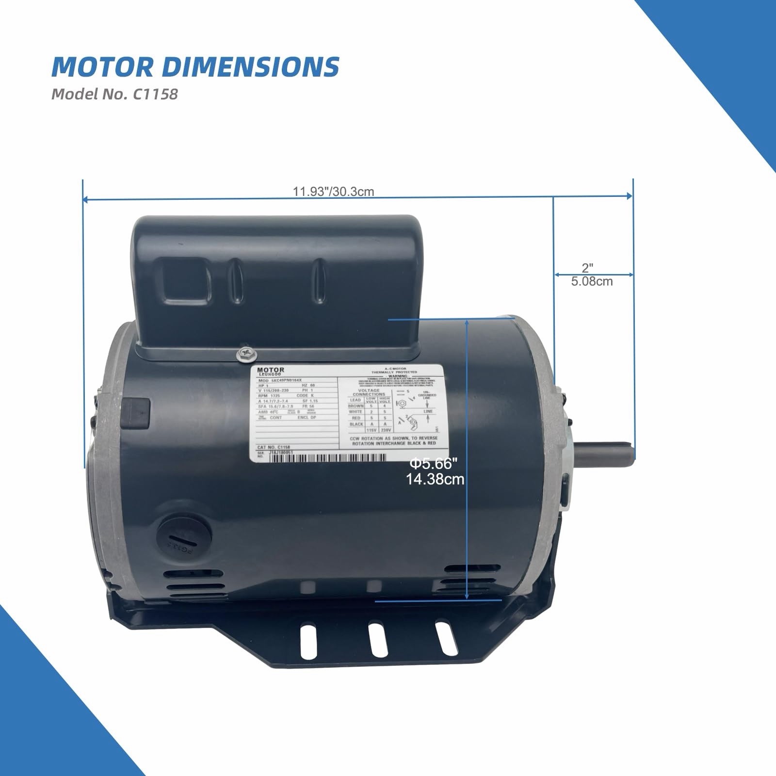 C1158 Fan & Blower Motor Replace Marathon C1158, 1 HP, 1725RPM, 115/208-230V