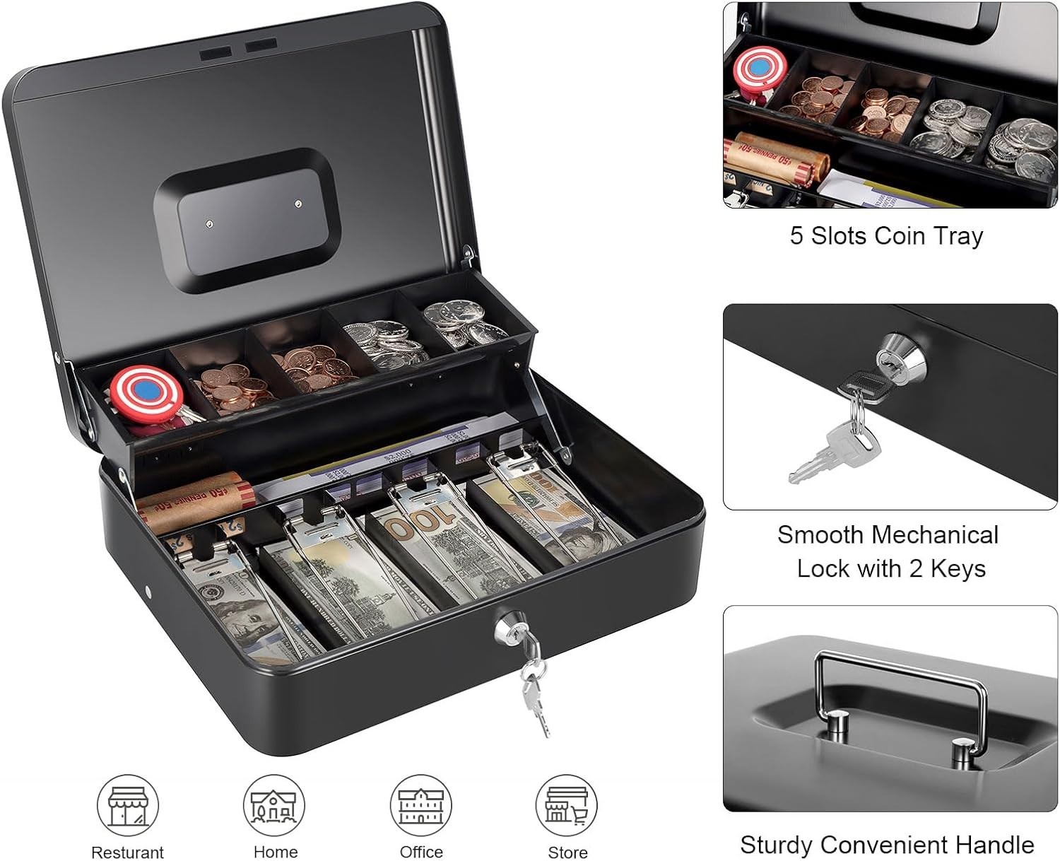 Cash Box with Money Tray and Key Lock, Saving Lock Box with Money Tray Storage f