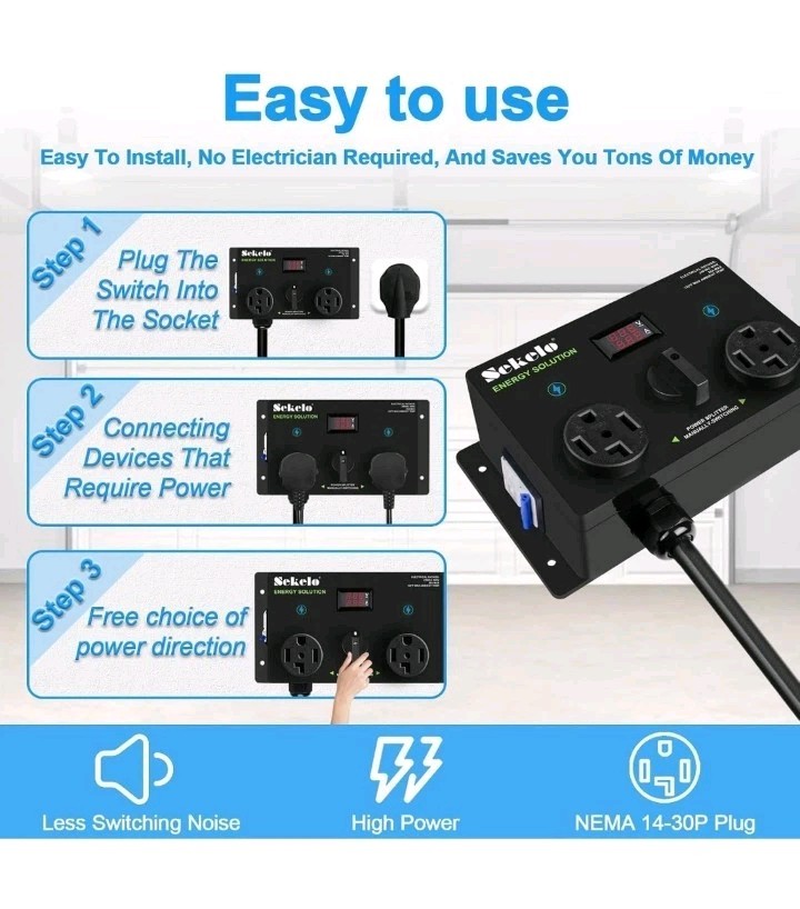 Manual EV Charging Switch for Dryer & EV, NEMA 14-30, 240V, 24A 5.76kW Max Po…