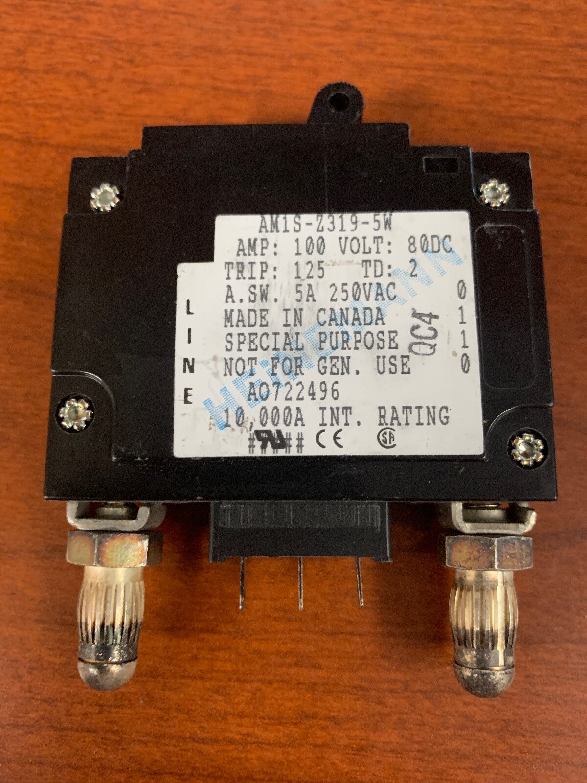 Eaton Heinemann AM1S-Z319-5W Circuit Breaker 100 Amps 100A 1 Pole Bullet 80V DC