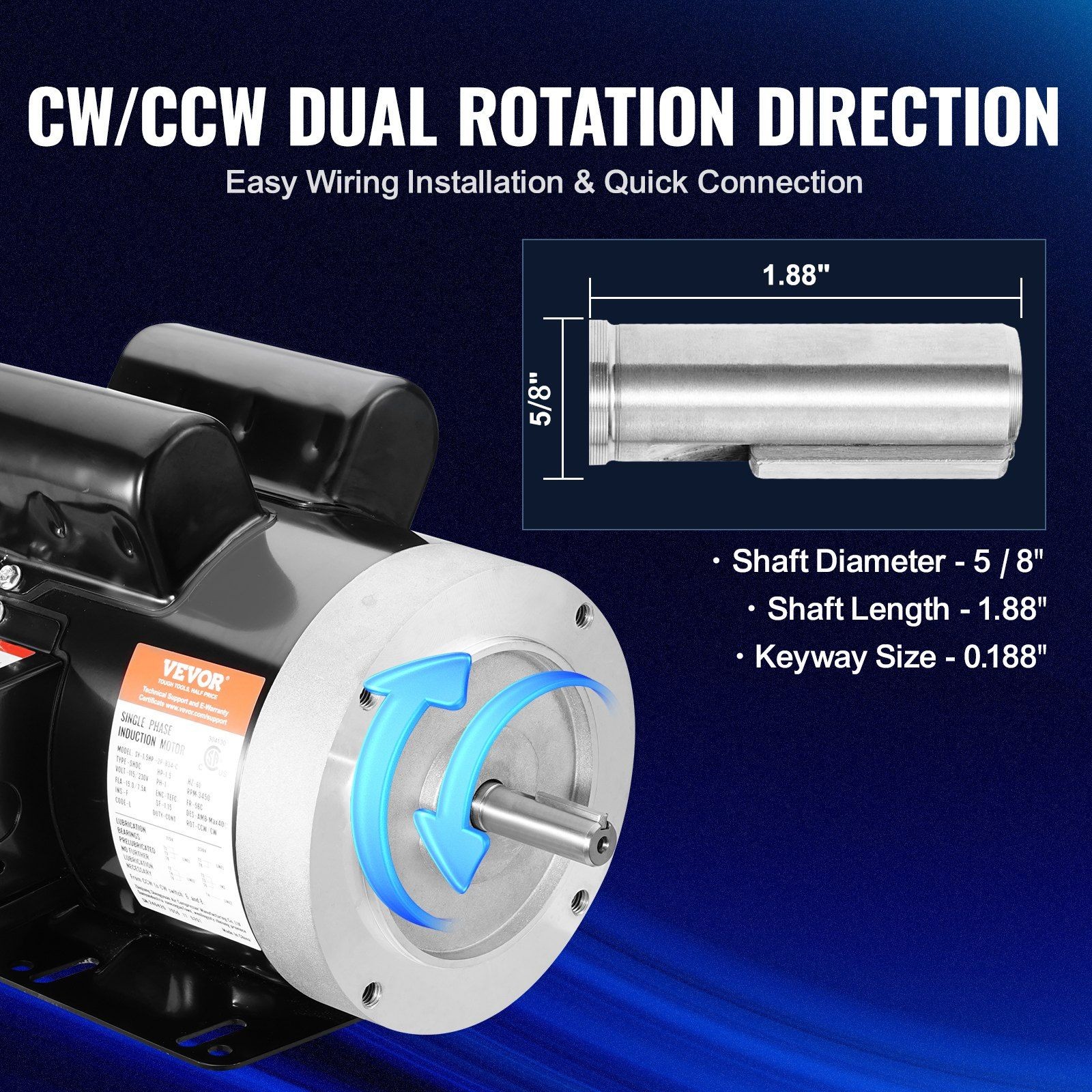1.5HP 3450RPM AC Motor, 115V/230V 60Hz, 56C Frame, 5/8″ Keyed Shaft, CSA Tested