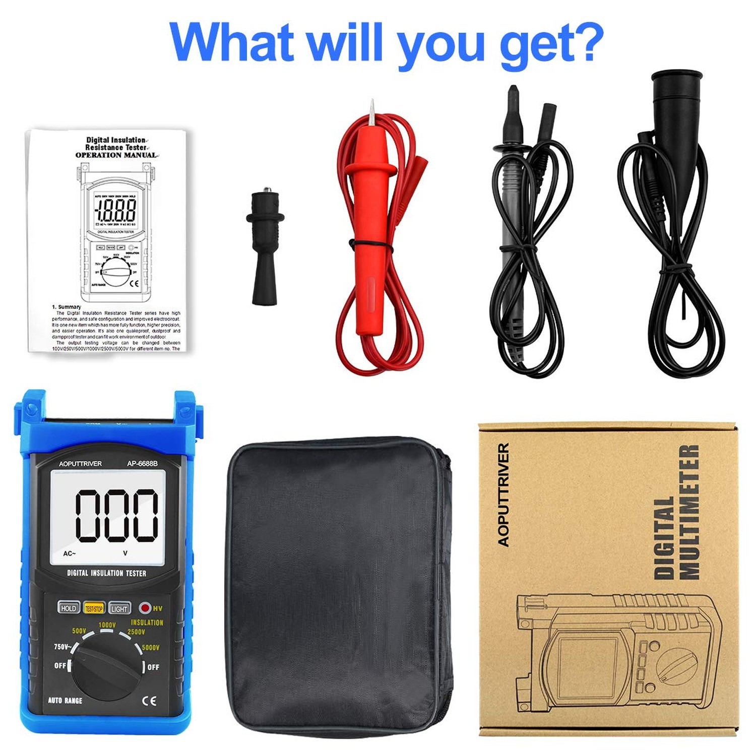 200GΩ Megohmmeter Digital Insulation Tester Test 500V/1kV/2.5kV/5kV Voltage