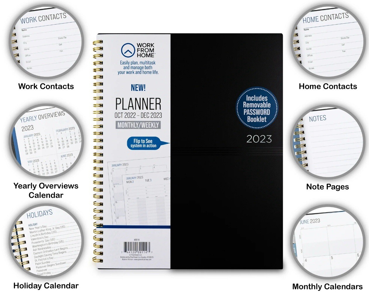 Work From Home Monthly/Weekly Planner Oct 2022 – Dec 2023 ( 11.125”x 9”) Black