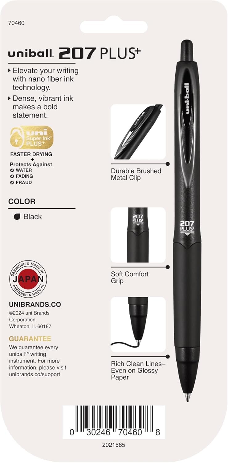 uniball 207 Plus+ Retractable Gel Pens, Medium Point (0.7mm), Black, 4 Pack