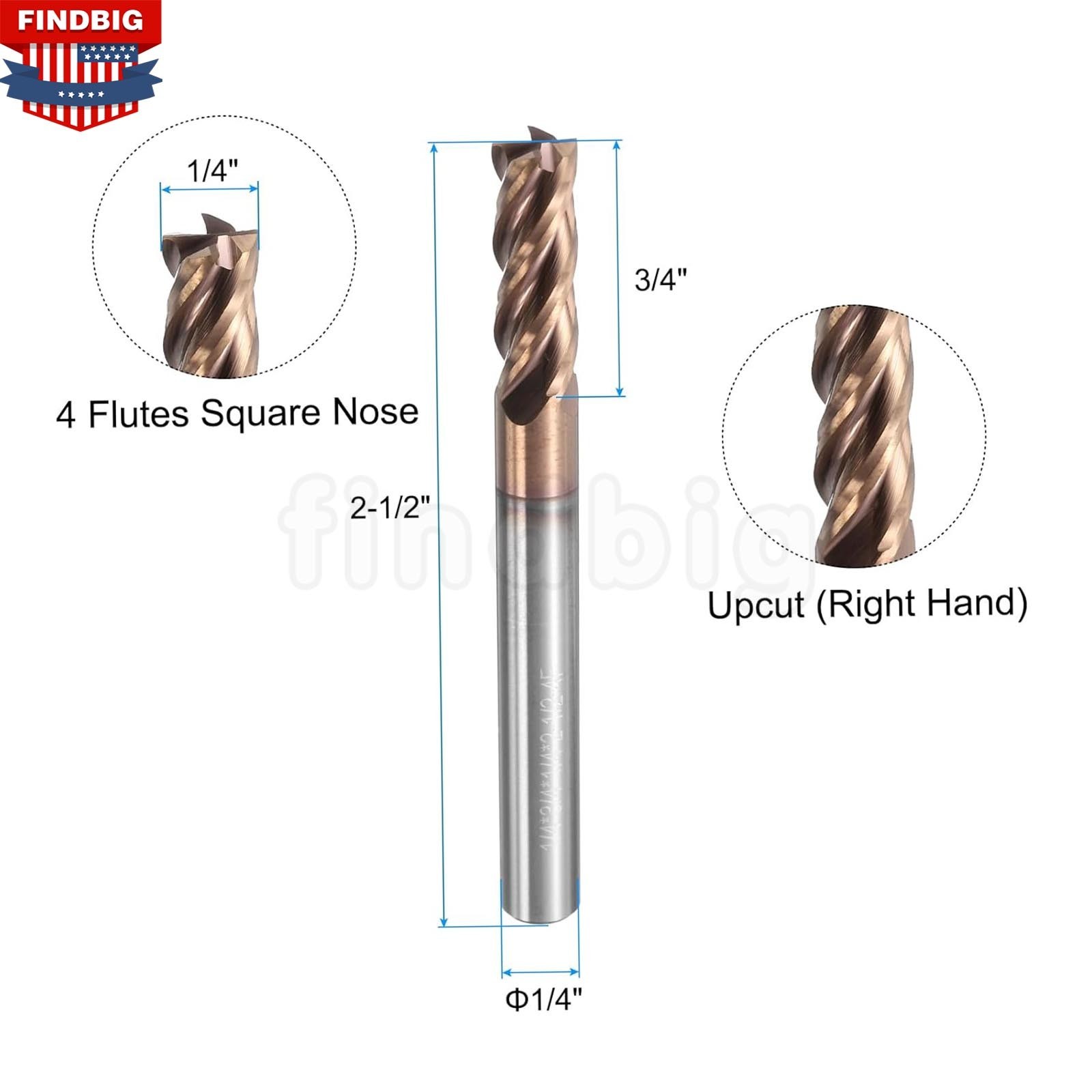 10Pcs 1/4″ 4 Flute Solid Carbide 3/4″ LOC x 2-1/2″ OAL End Mills – TiSiN Coated