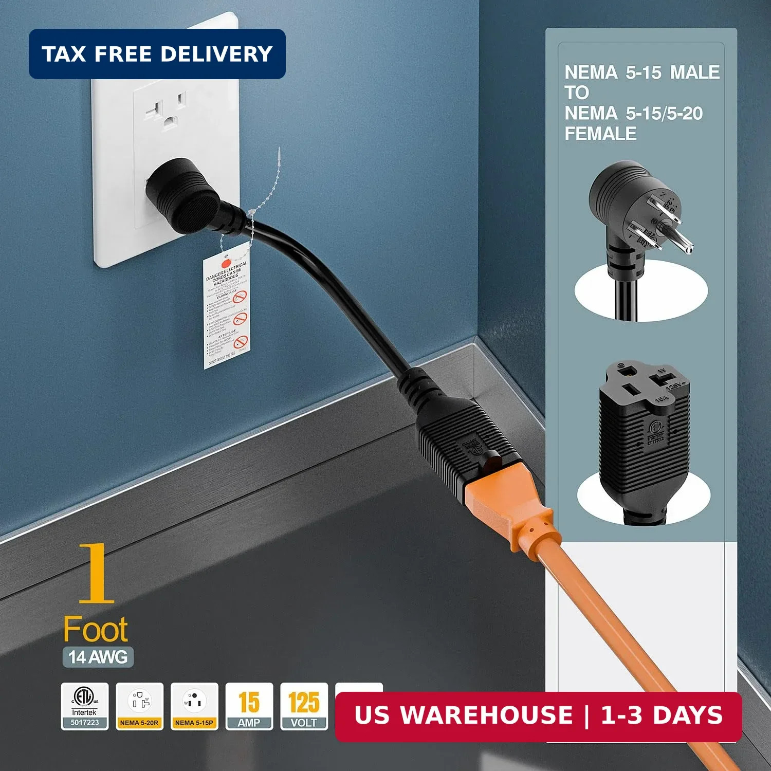 1-Foot Right Angle15 Amp Household AC Plug to 20 Amp T Blade Adapter Cable，14AWG