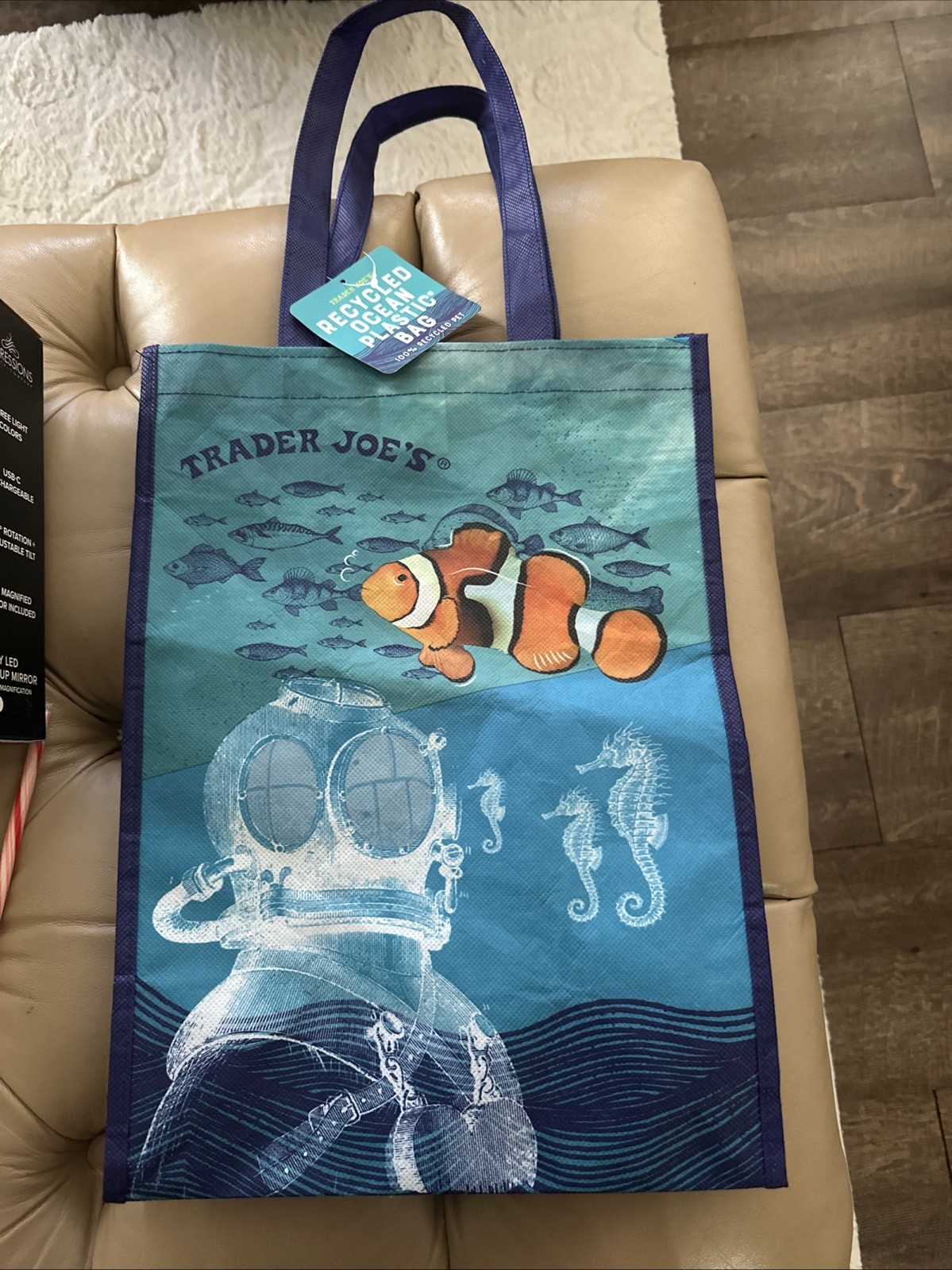 NWT Trader Joe’s Bag Reusable Shopping Ocean Theme Recycled Plastic Blue