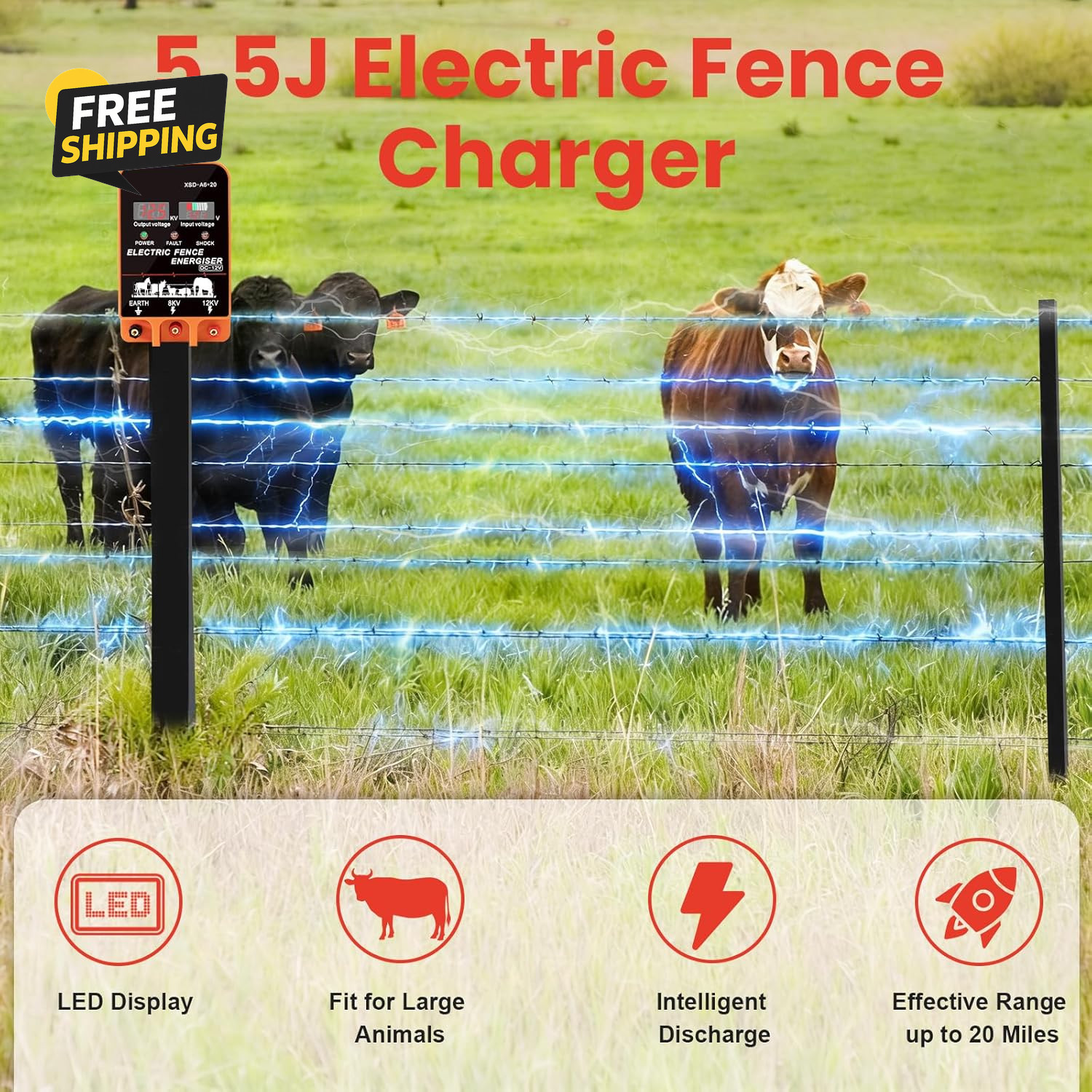 5.5J Electric Fence Charger Energizer, 5.5 Joules 10 Miles, AC DC 2 in 1 Powered