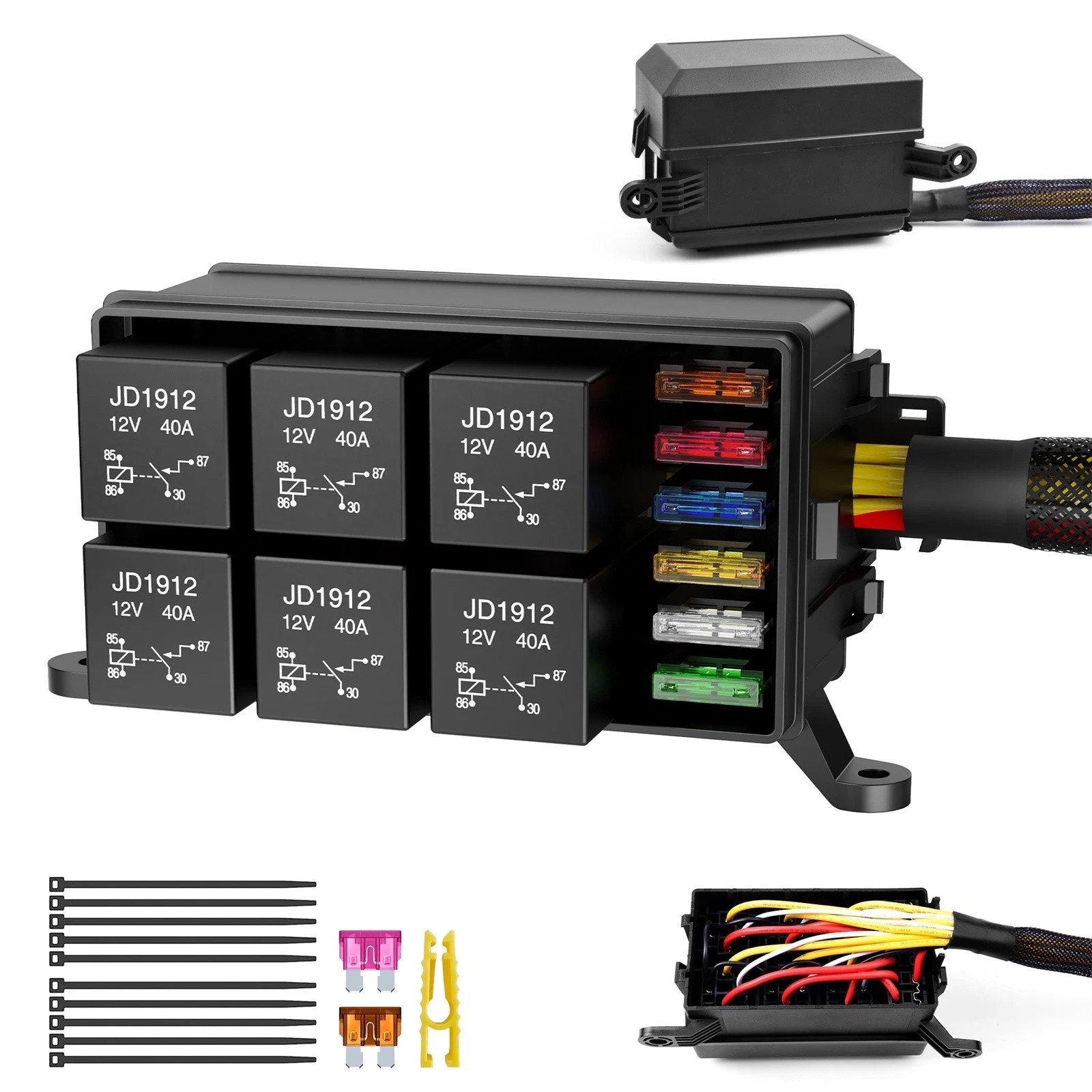 12V Fuse Relay Box 6 Way Pre-Wired Universal Relay Panel for Automotive Car