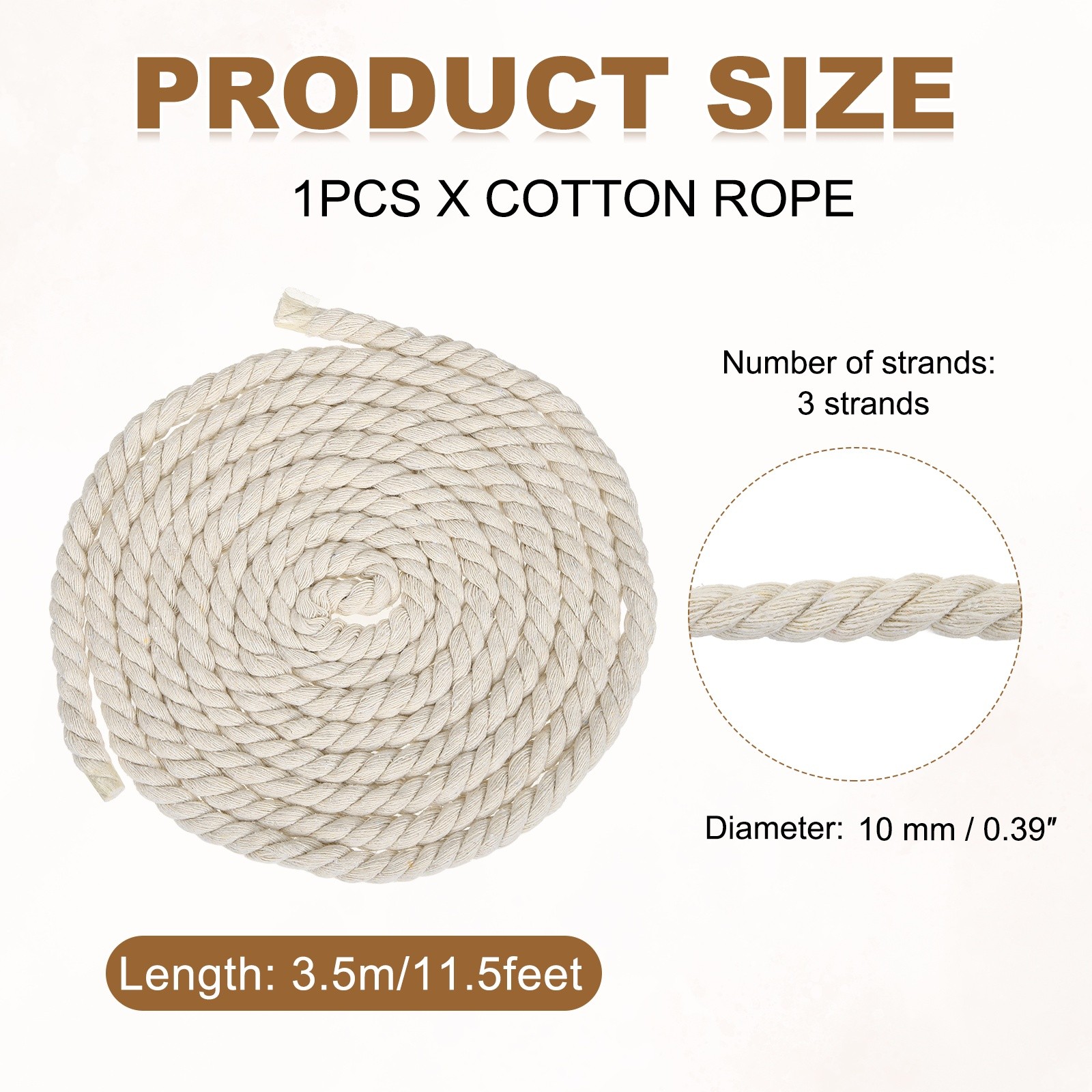 10mm x 11.5 Feet Beige Cotton Rope 3 Strand for DIY Wall Hanging Knotting