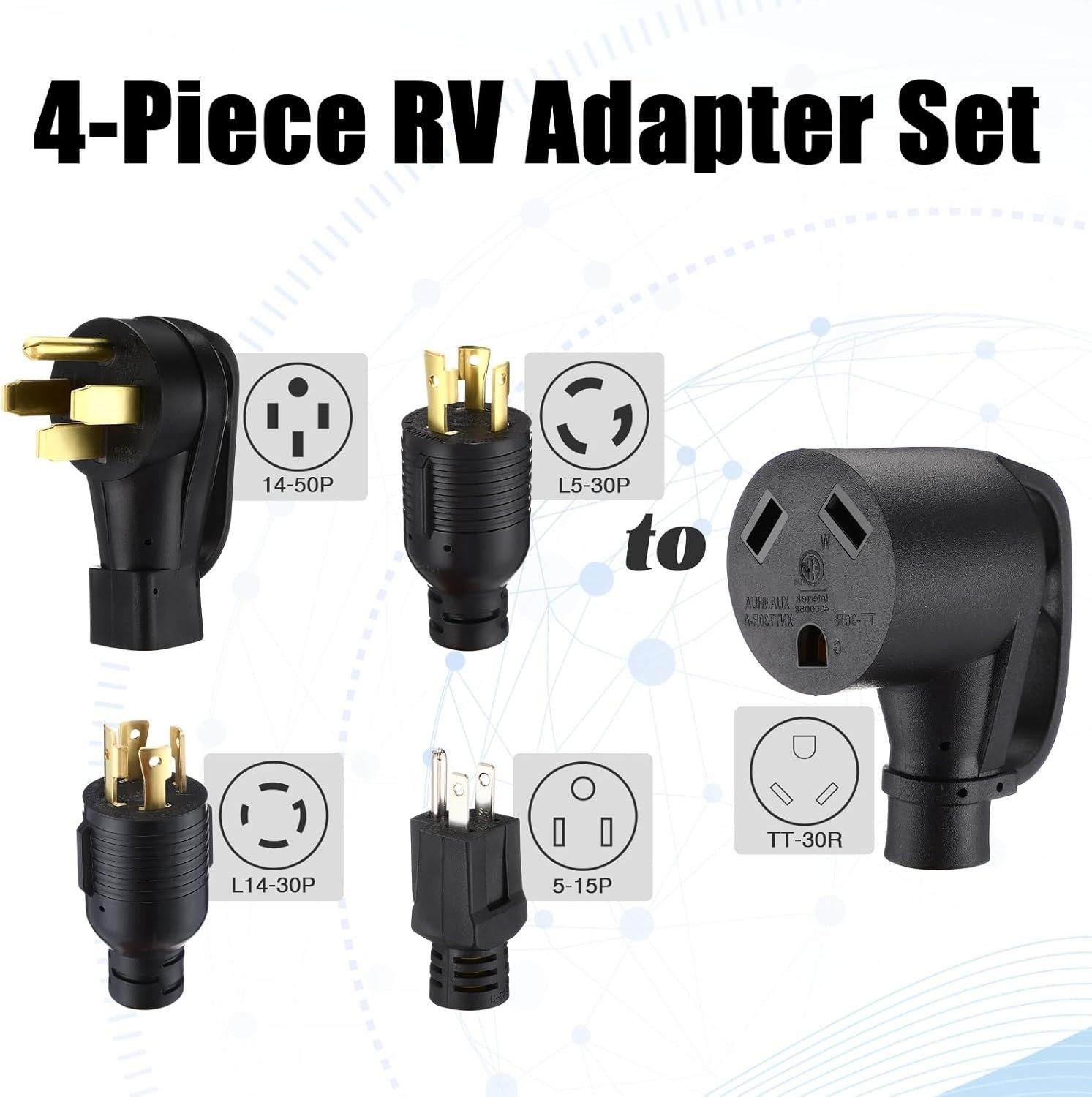 4 Pcs Rv Generator Adapter Cord Kit, 14-50P/5-15P/L14-30P/L5-30P to Tt-30R, 50A