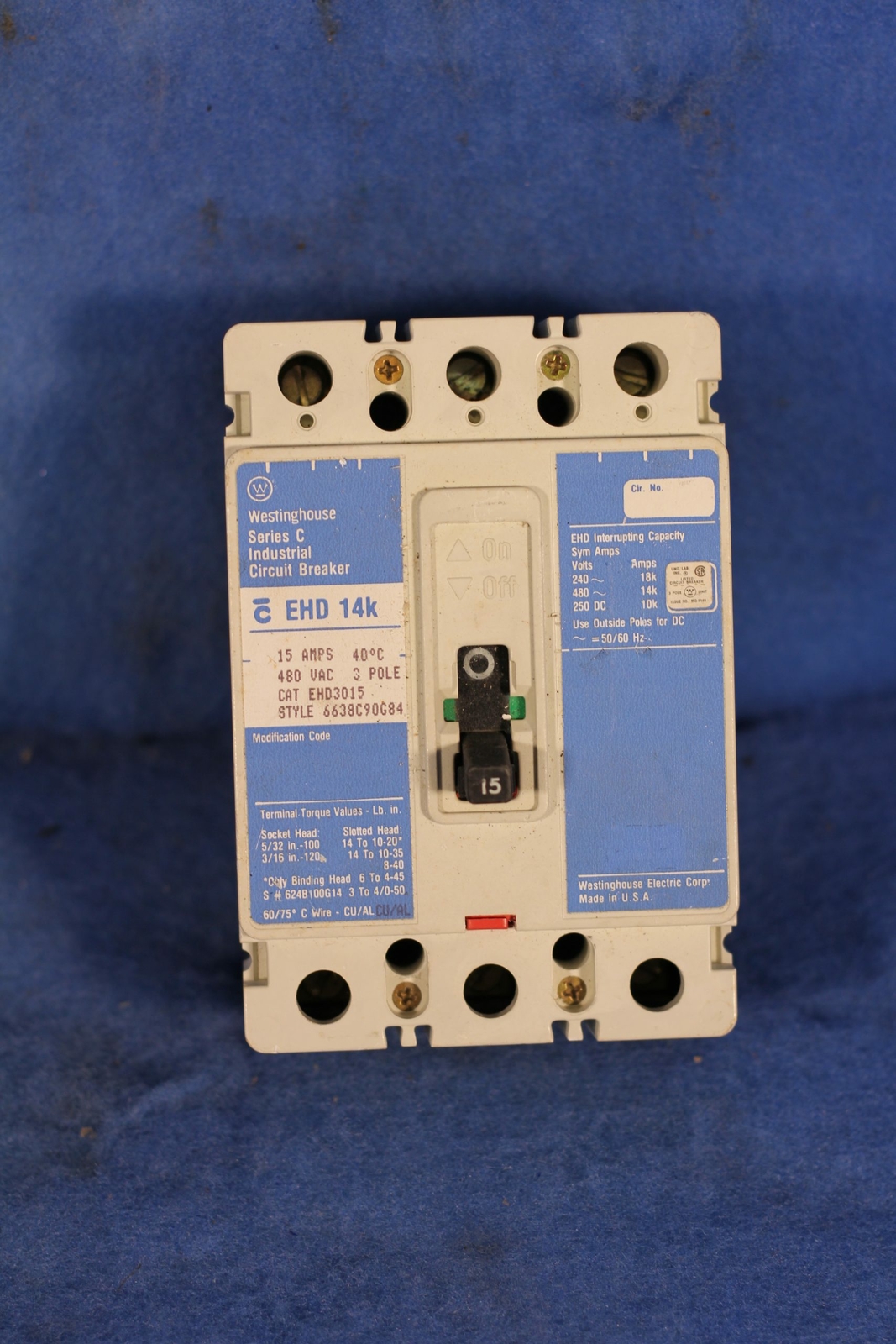 WESTINGHOUSE CIRCUIT BREAKER EHD3015 15A 480V 1YR WARRANTY