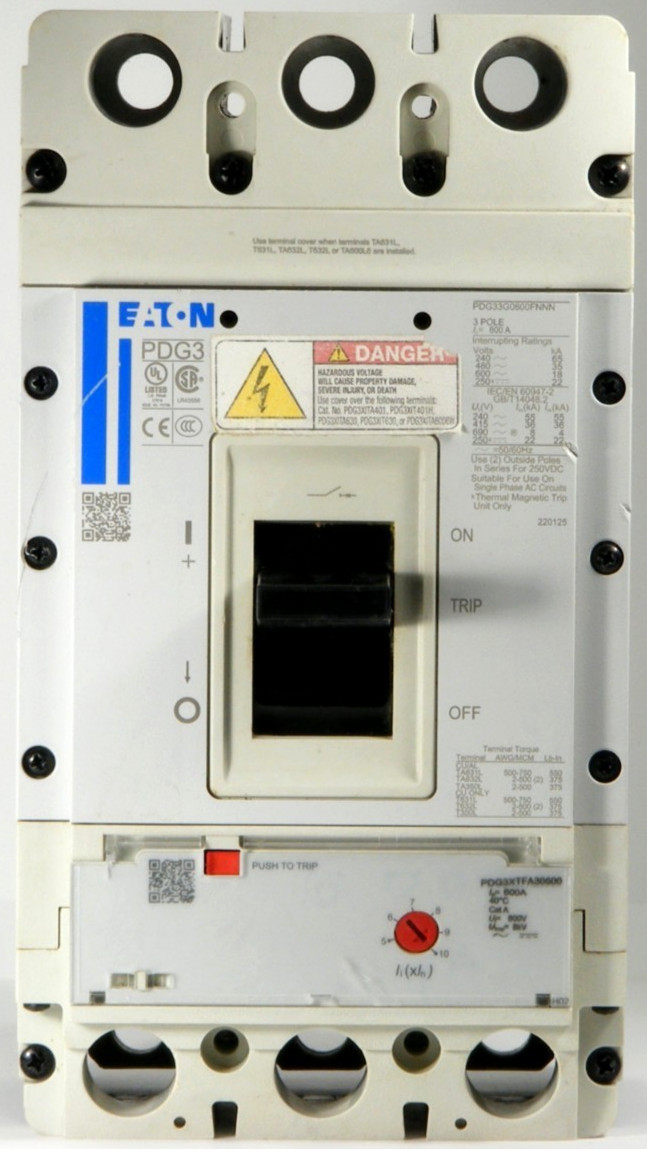 USED Eaton PDG33G0600FNNN Circuit Breaker with 600A Trip Unit, 3P 600V 35kA@480V