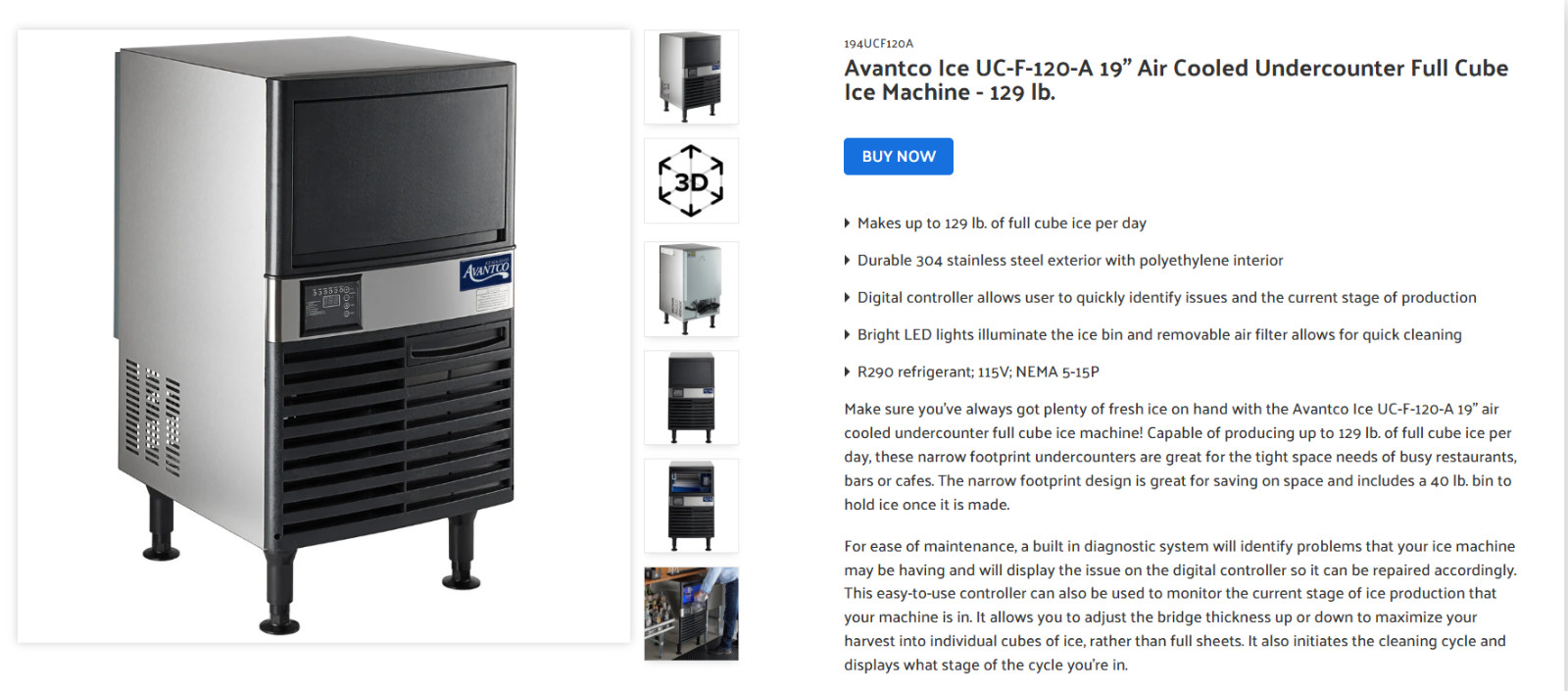 Avantco Ice UC-F-120-A 19″ Air Cooled Undercounter Full Cube Ice Machine