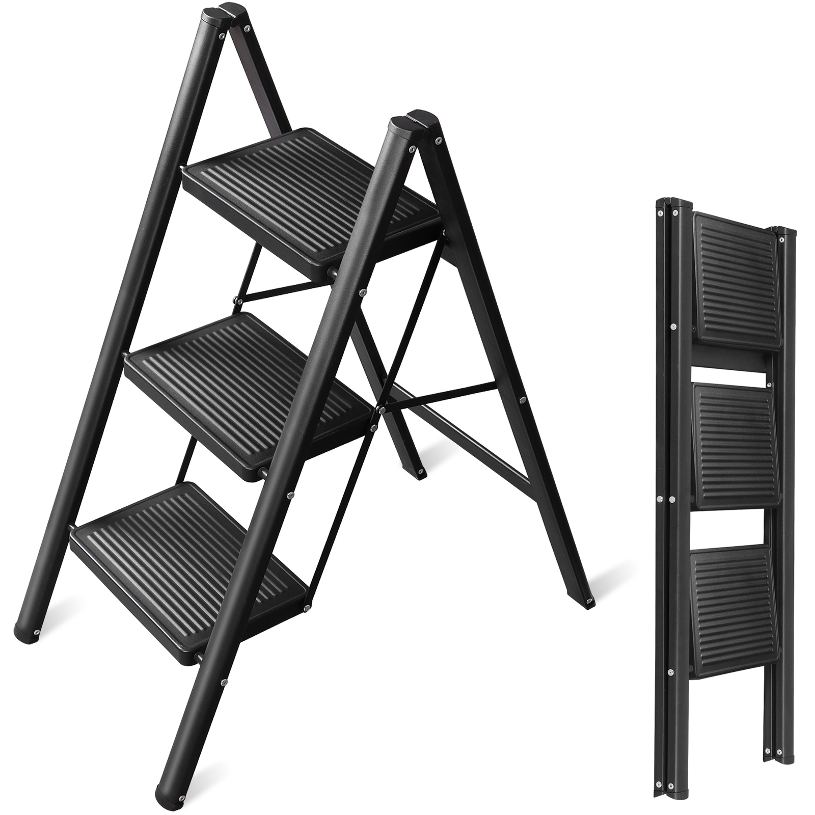 Step Ladder 3 Step Folding Step Stool 330 Lbs for Home Tall Kitchen/Closet Black