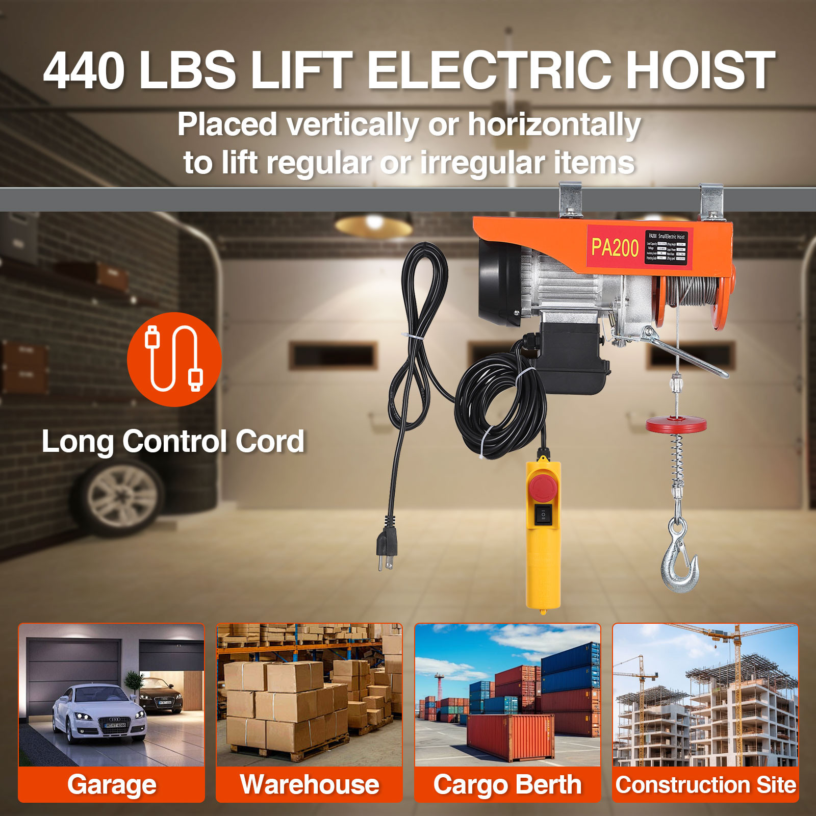 440LB 6.5FT Double Slings Engine Lift Electric Hoist Crane 460W 110V Wire Winch