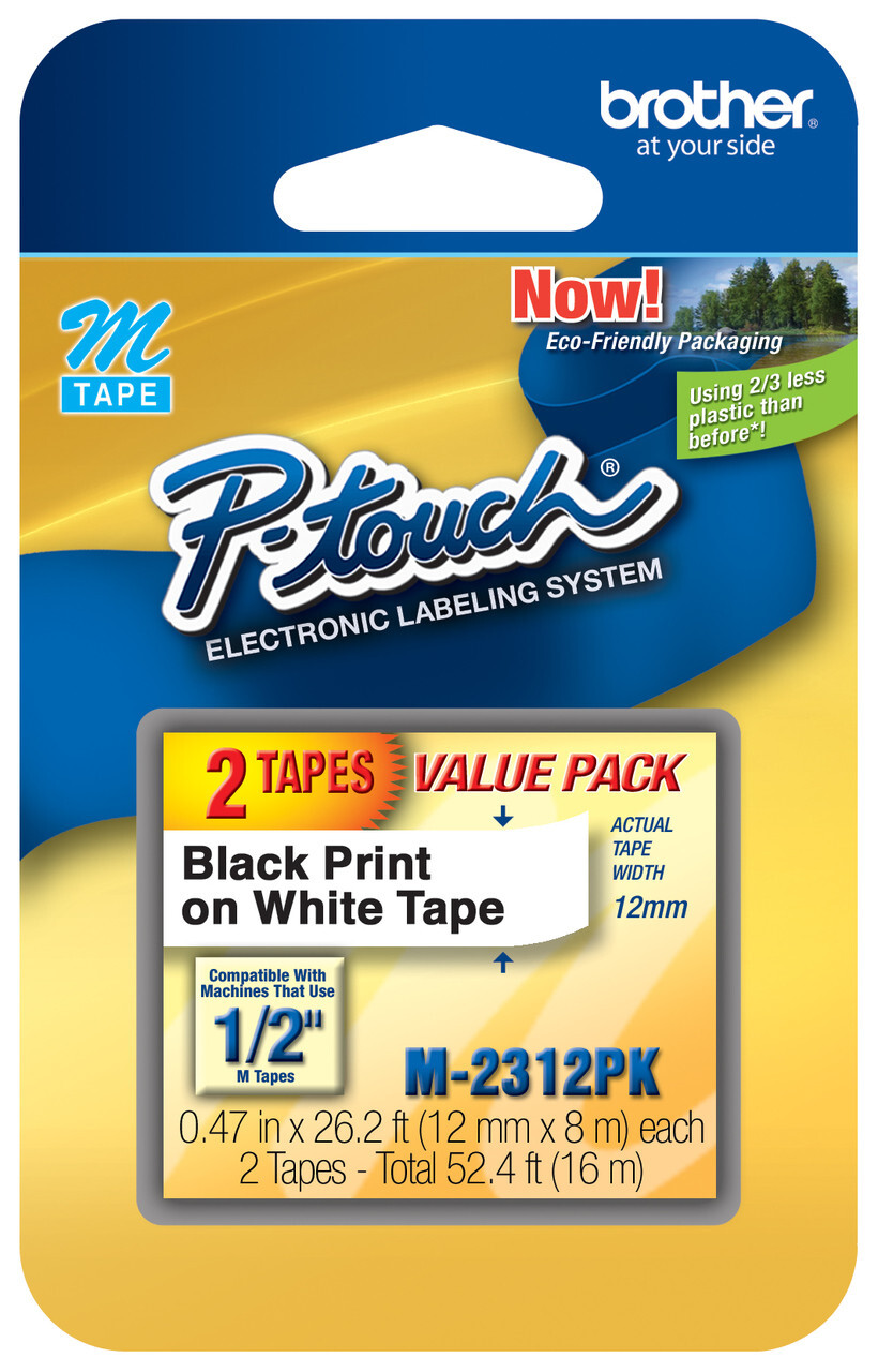 2 Pack Brother P-Touch M-Tape Tape 1/2 inch BLACK on WHITE for Label Maker M231