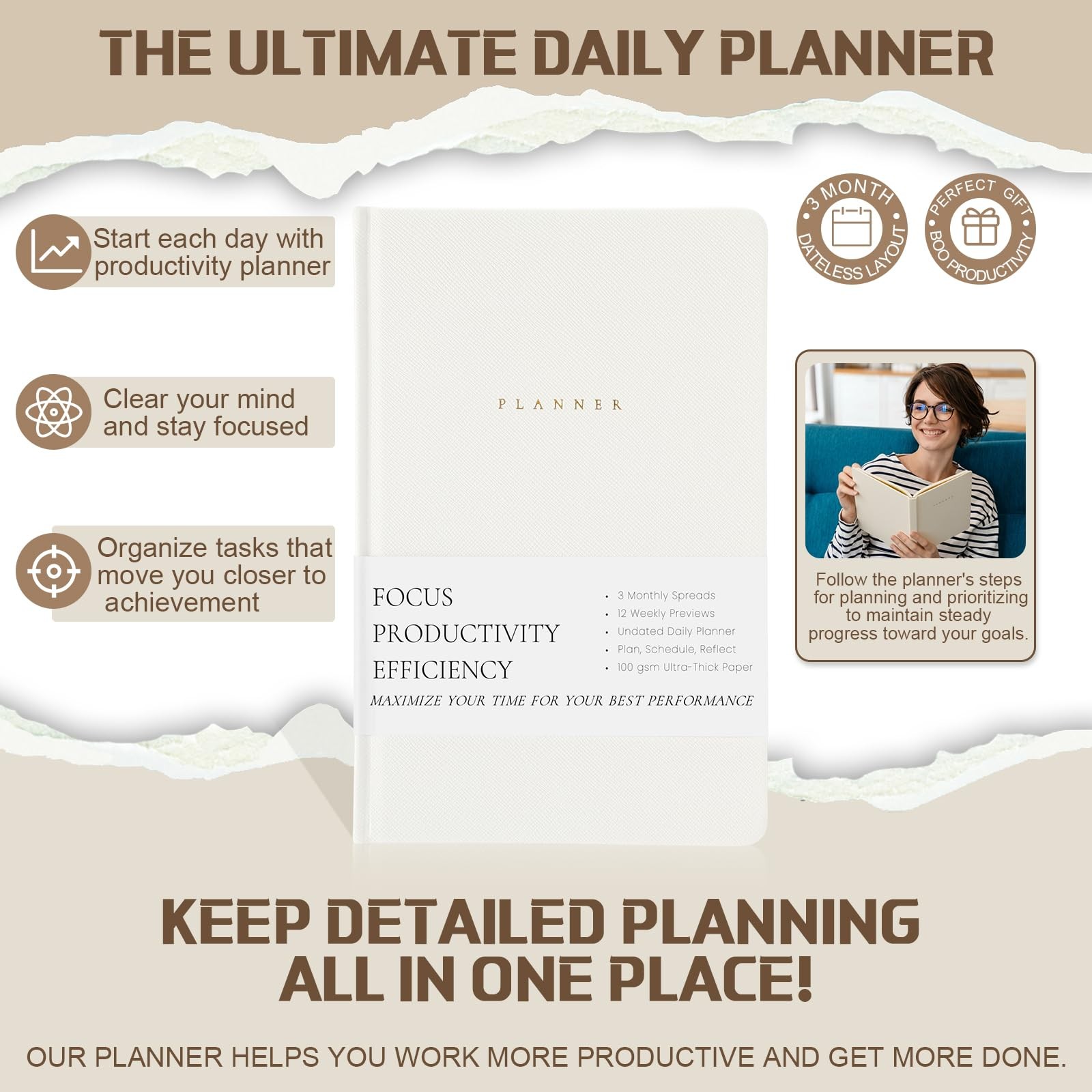 Productivity 3-month Planner Undated Daily Weekly Monthly Planner with Hardco…