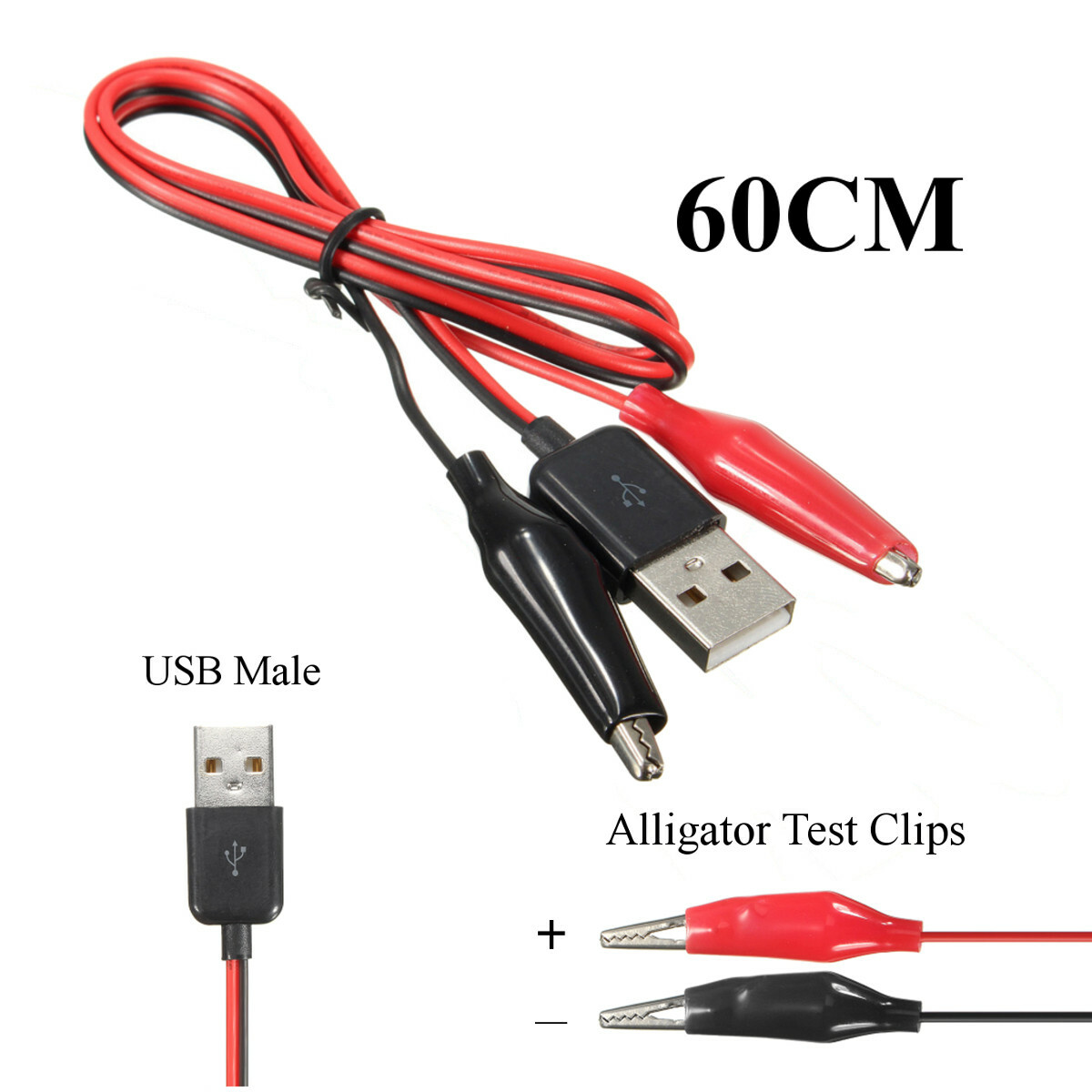 60CM Alligator Test Clips Clamp to USB Male Connector Power Adapter Cable