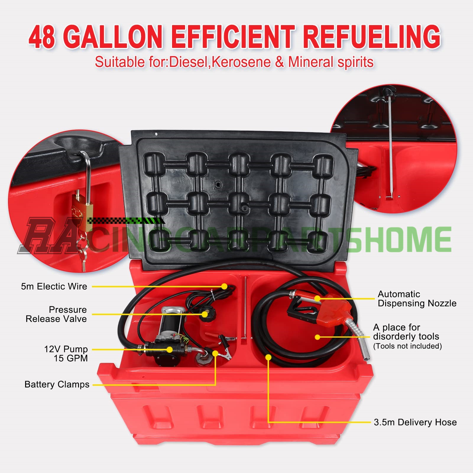 48Gallon Portable Gasoline Fuel Tank w/ 12V DC Electric Fuel Transfer Pump 15GPM