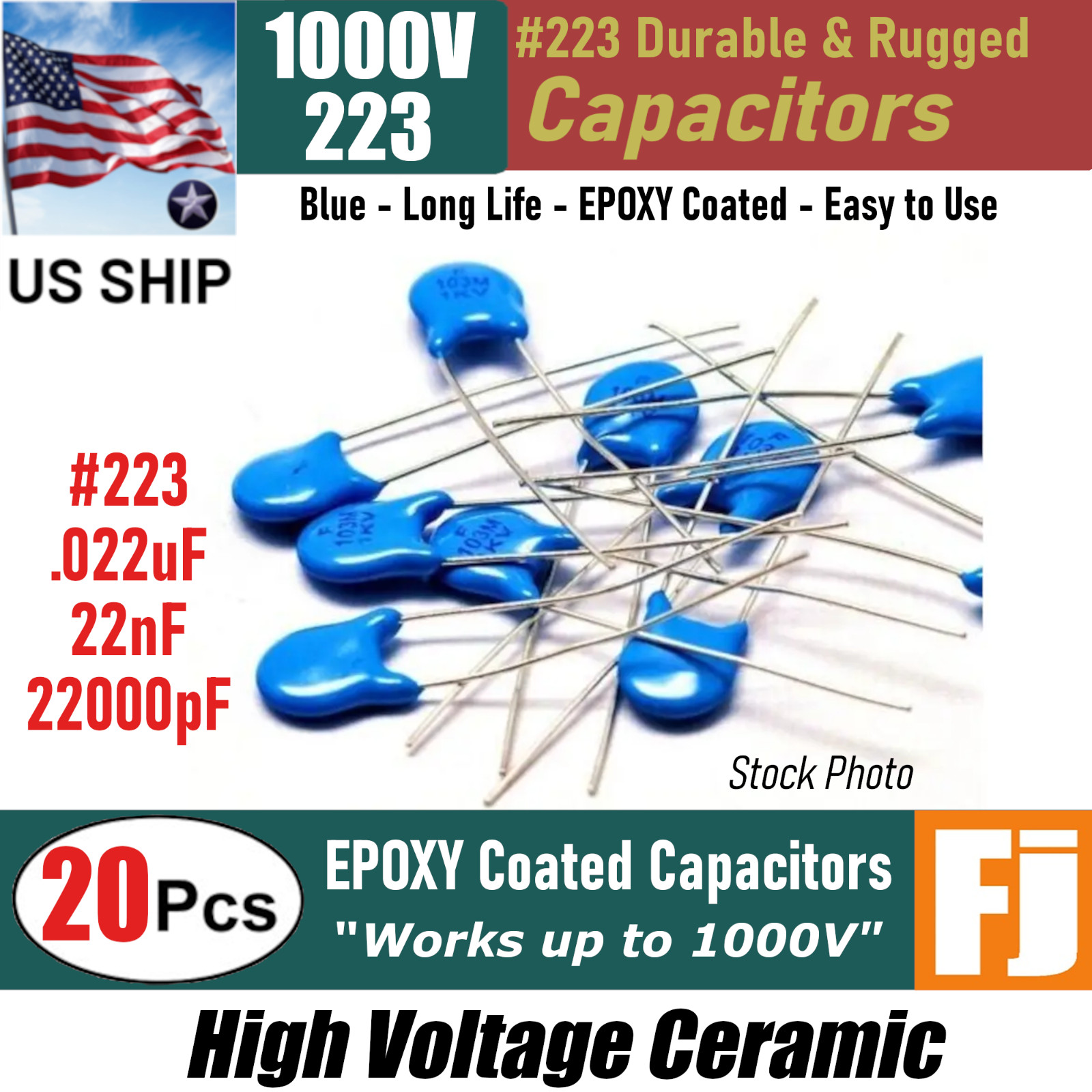 20 Pcs | 223 22nF .022uF 22000pF 1KV High Voltage Ceramic Capacitor | US SHIP