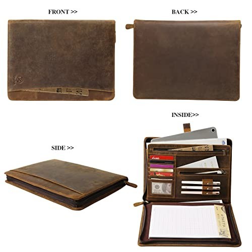 Leather Portfolio Organizer with Zipper 10×13 Inches Padfolio Business Notebook