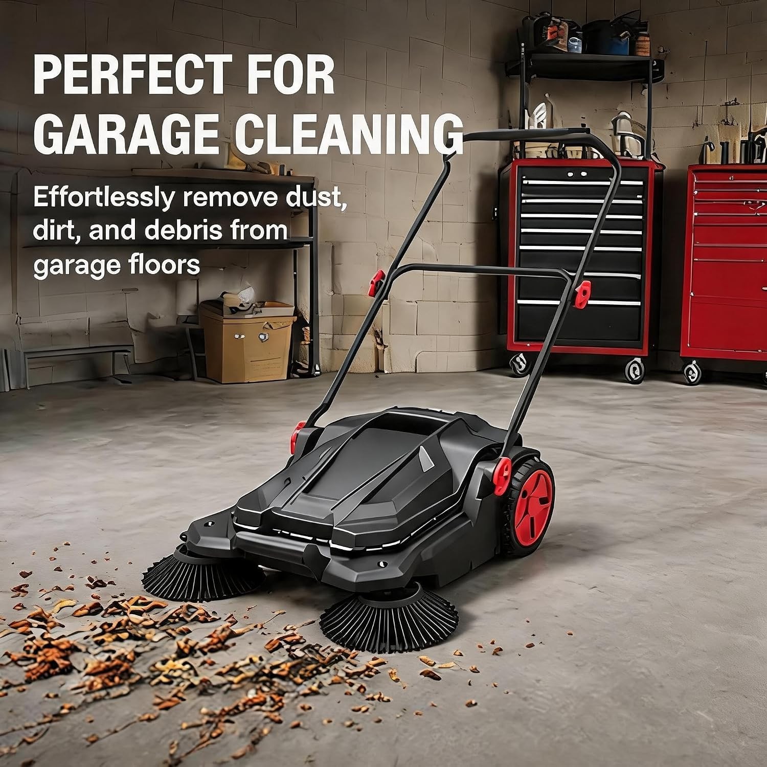 Walk-Behind Push Sweeper W/ Dual Brushes No Electricity for Patio Sidewalk Shop