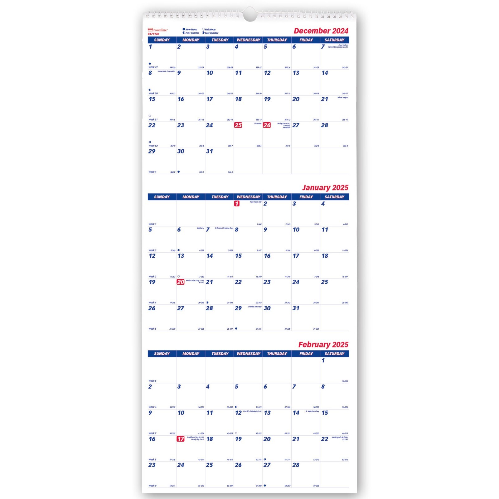 2025 Brownline C171128 3-Month Wall Calendar, 12-1/4 x 27″