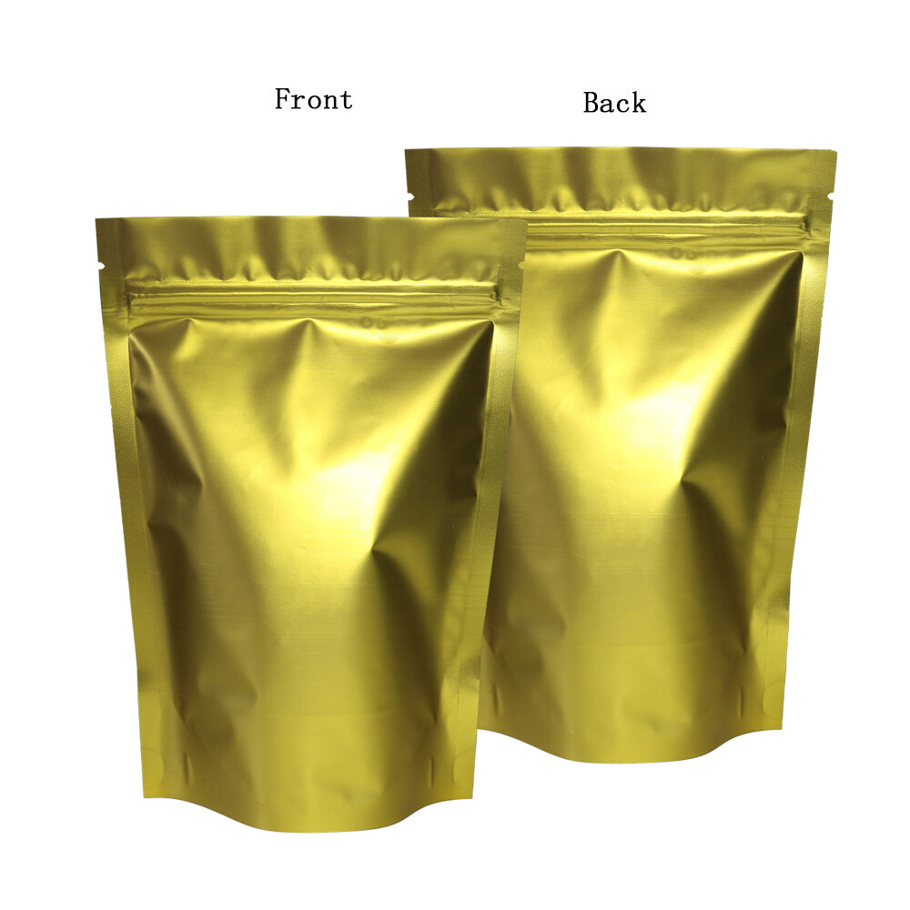 5.5×7.75in Two Sided Gold Foil Mylar Stand Up Zip Lock Bag w/ Heat Seal Machine