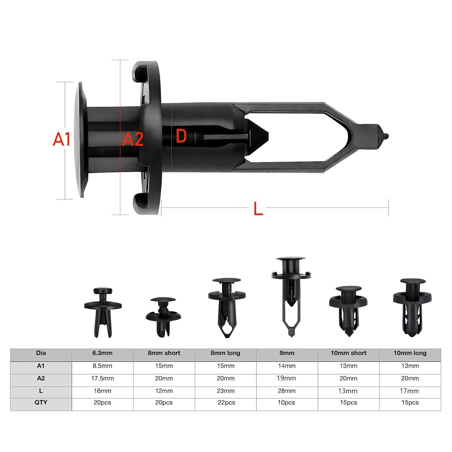 102Pcs Bumper Push Fasteners, 6.3mm-10mm Rivet Clips Replacement Kit