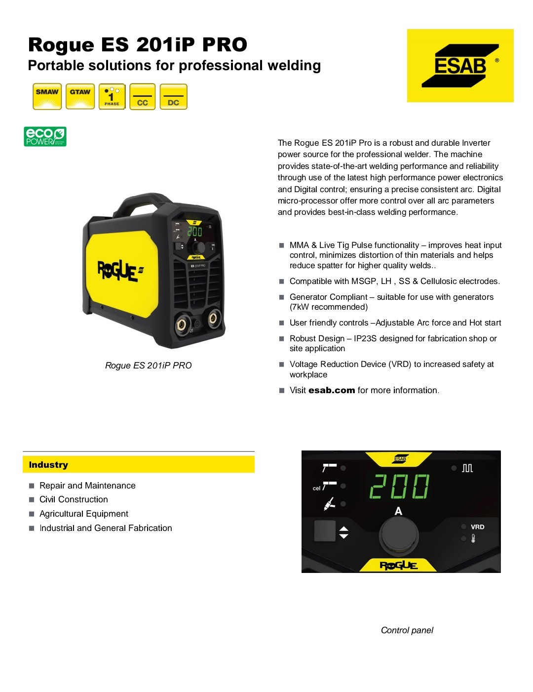 Esab Rogue Es 201ip Pro durable power source 230/115.