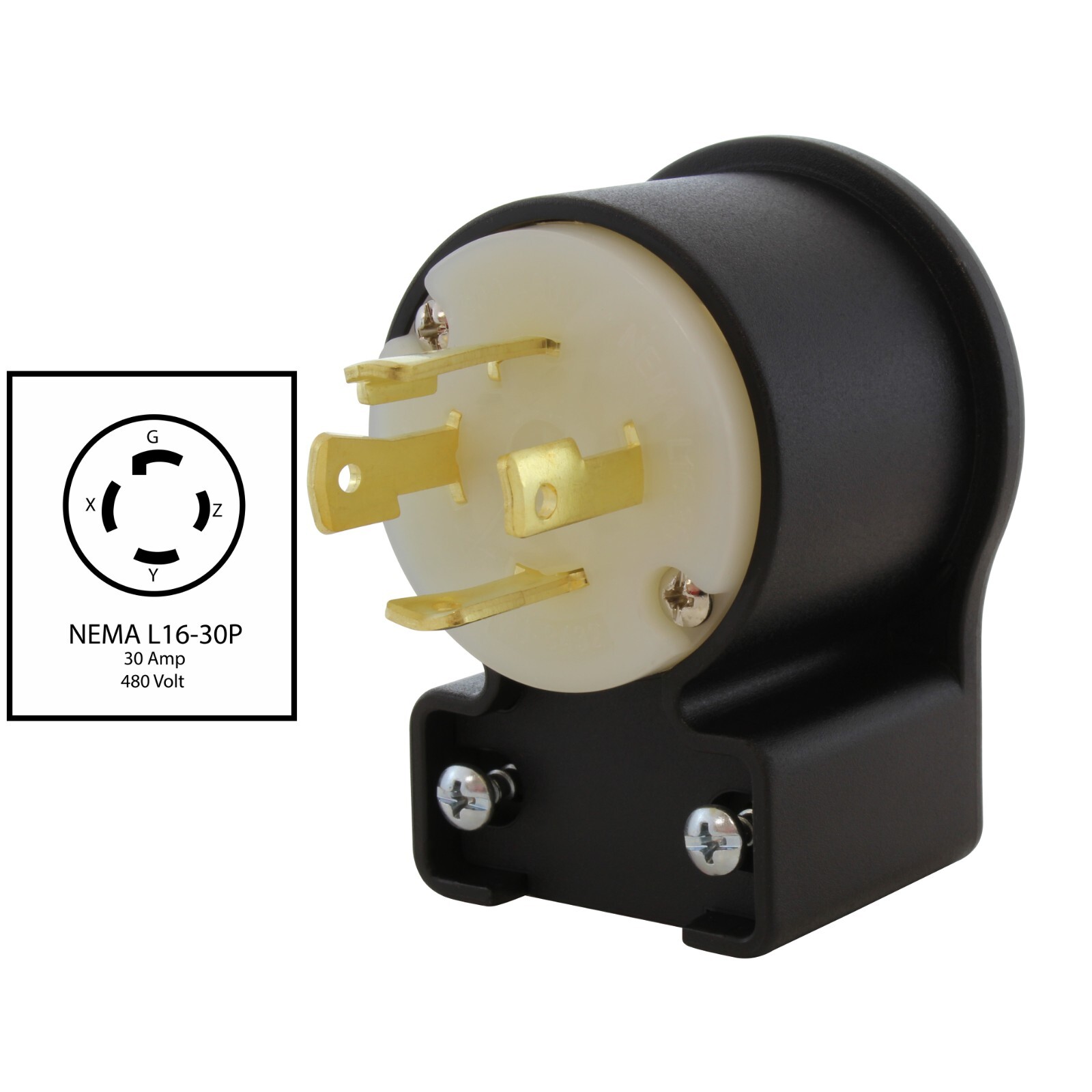 30A 480V NEMA L16-30P 4-Prong Locking Male Right Angle Plug Assembly in Black