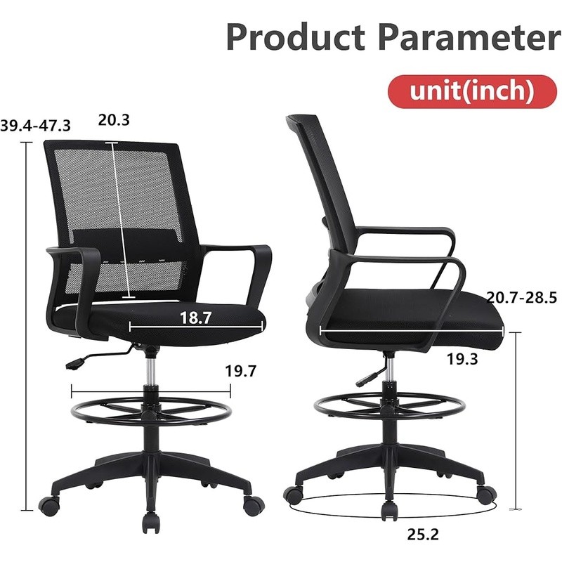 Ergonomic Drafting Chair W/ Foot Ring Adjustable Height Comfortable Mesh Support