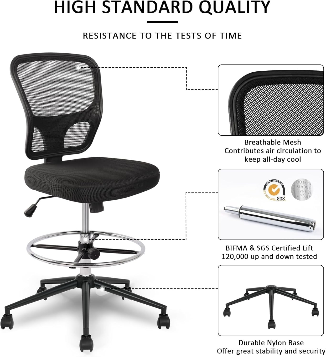 Hylone Adjustable High Back Office Chair – Ergonomic Drawing Stool in Black