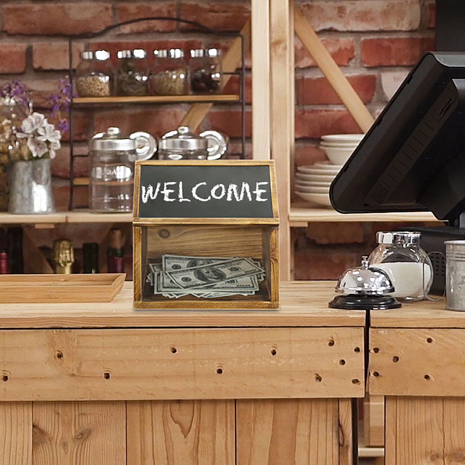 Rustic Burnt Solid Wood Suggestion Donation Ballot Box w/Chalkboard Label & Lock