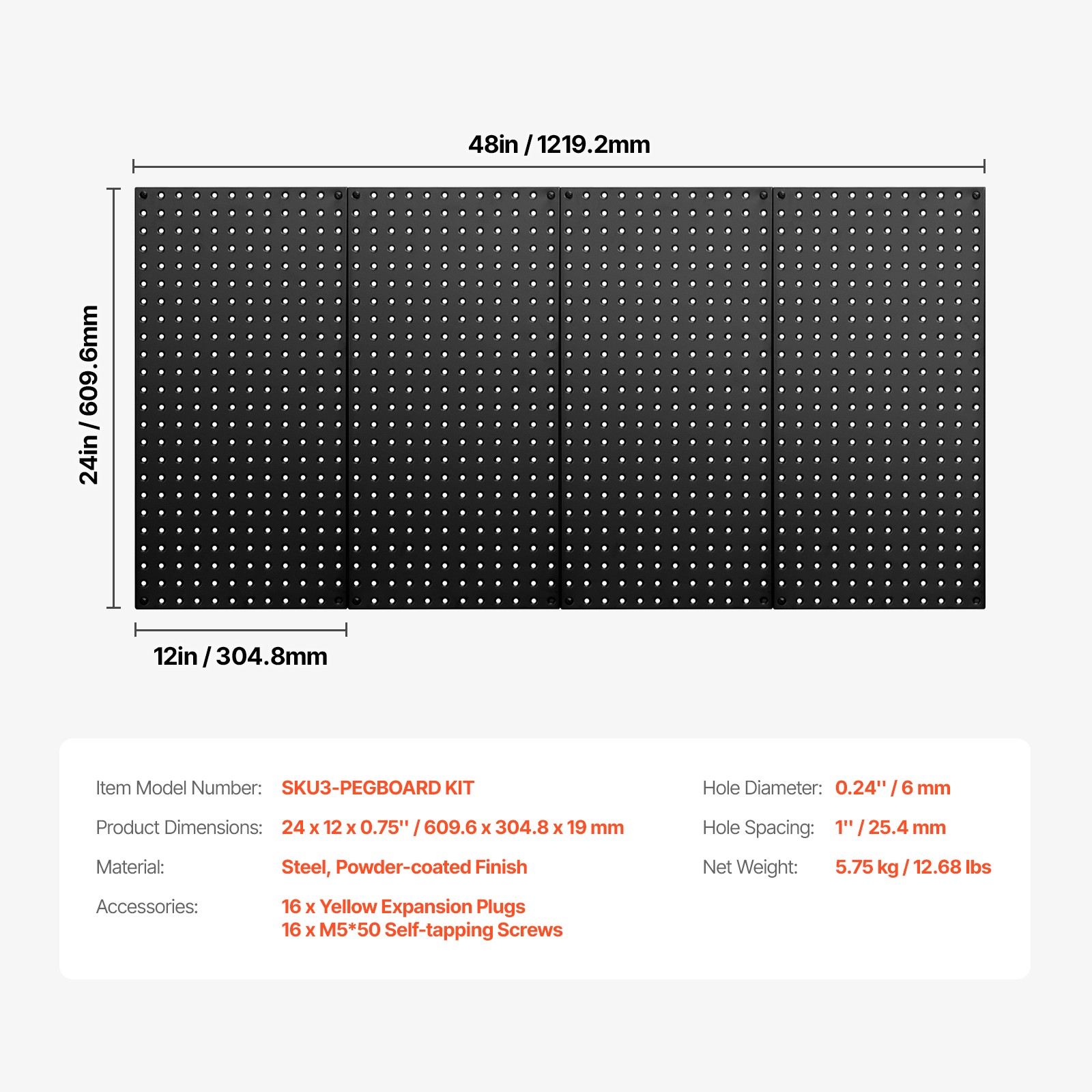 VEVOR Metal Pegboard Panels 4 Pcs 24″ x 12″ Wall Organizer for Garage Tool