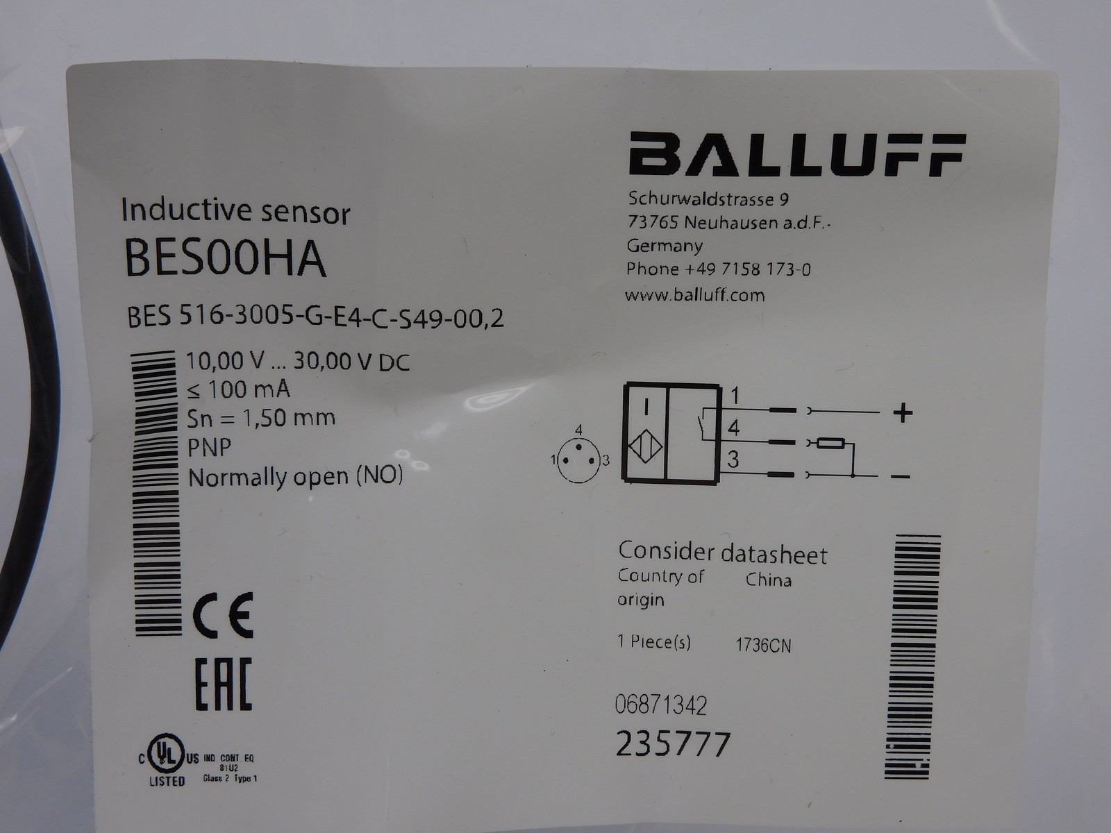 BALLUFF BES516-3005-G-E4-C-S49-00.2 BES00HA 10.00V-30.00VDC NSMP