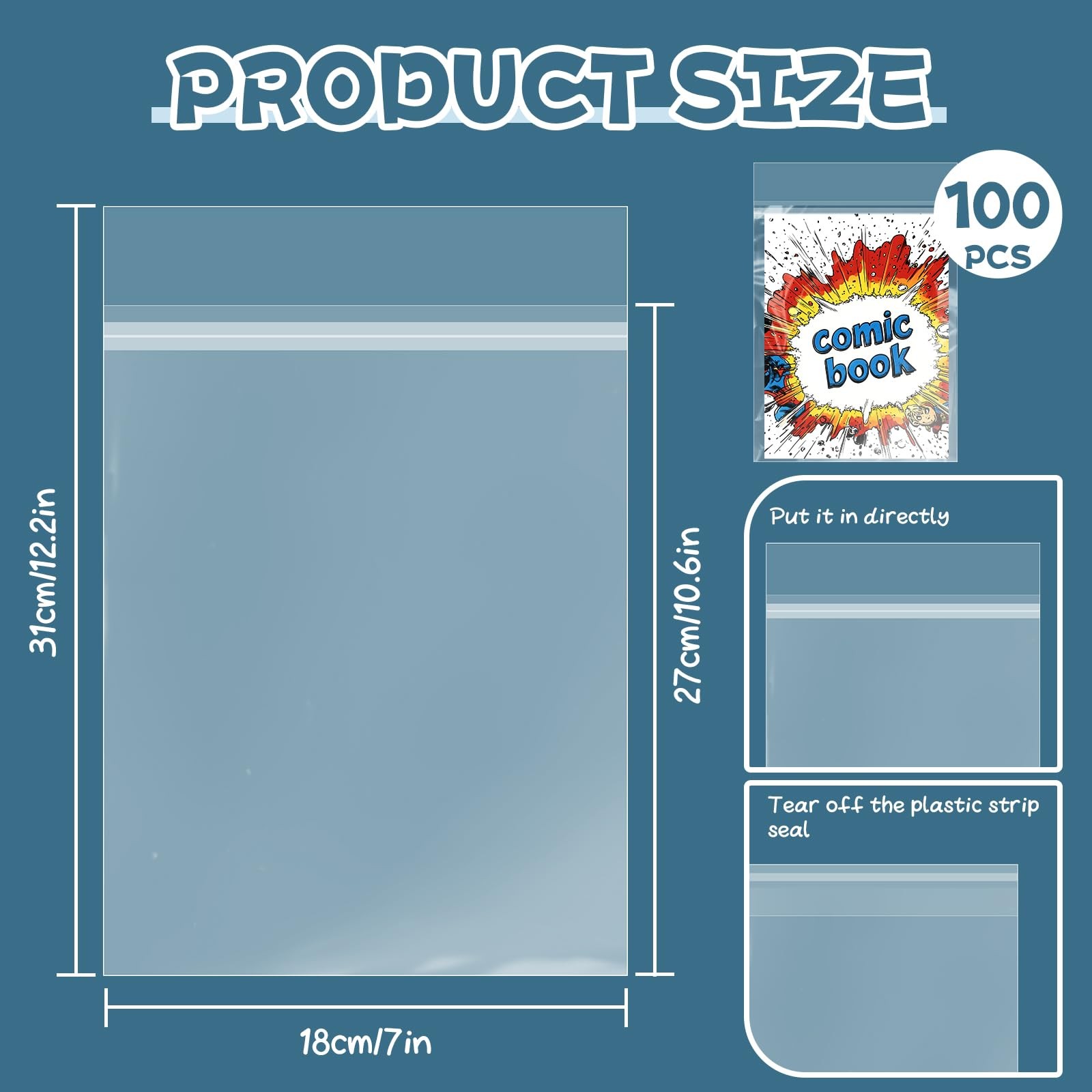 VOKOY 100 Pack Resealable Current Size Comic Book Bags, Crystal Clear Self Se…